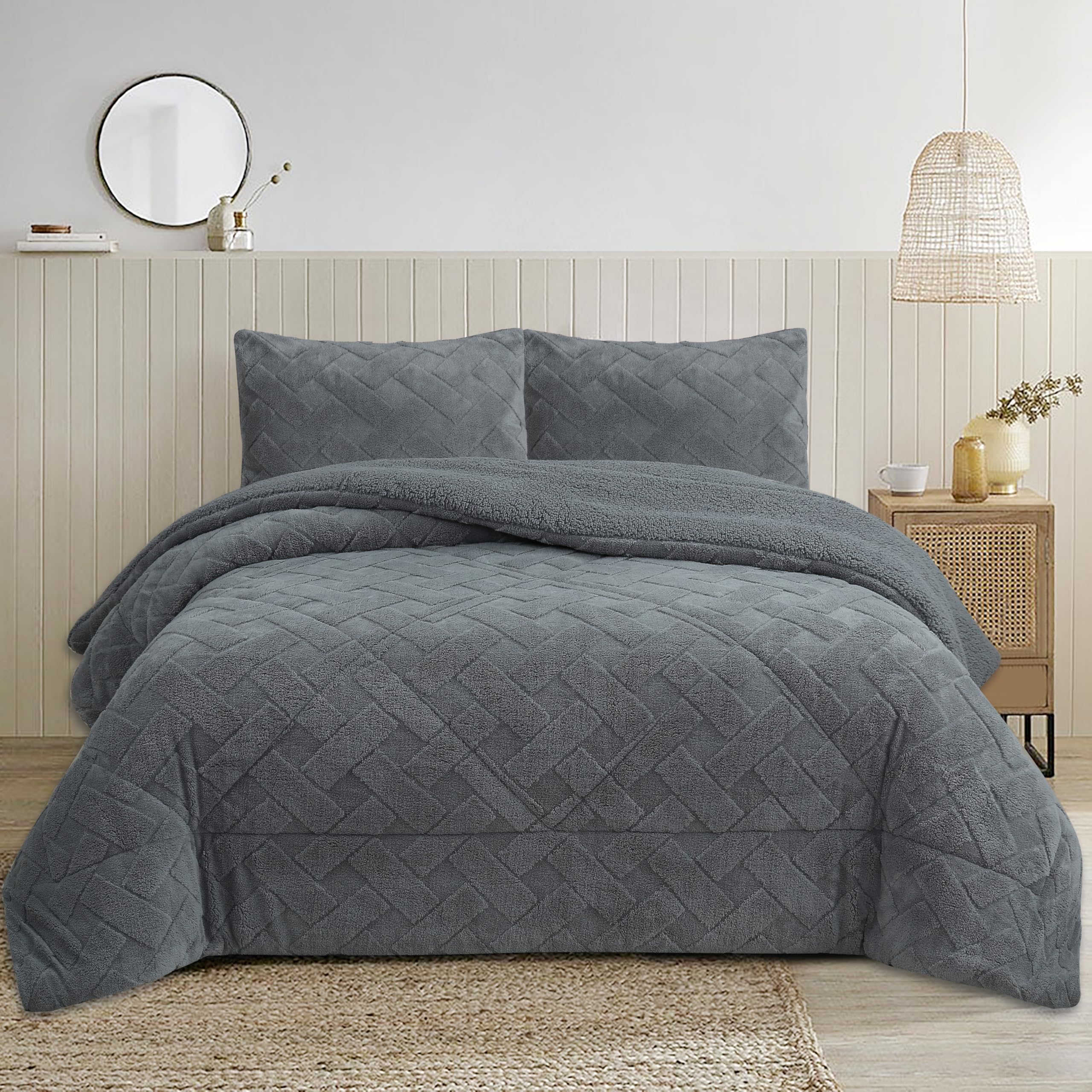 NH NOVOTEXTIL HOGAR Edredón Invierno Sherpa Cama 150 (250x260) Extra Grueso 560gr/m2 Efecto Borreguito - Edredón Suave, Cálido y Transpirable con 2 Fundas Almohada (50x70) (Nipro Gris)