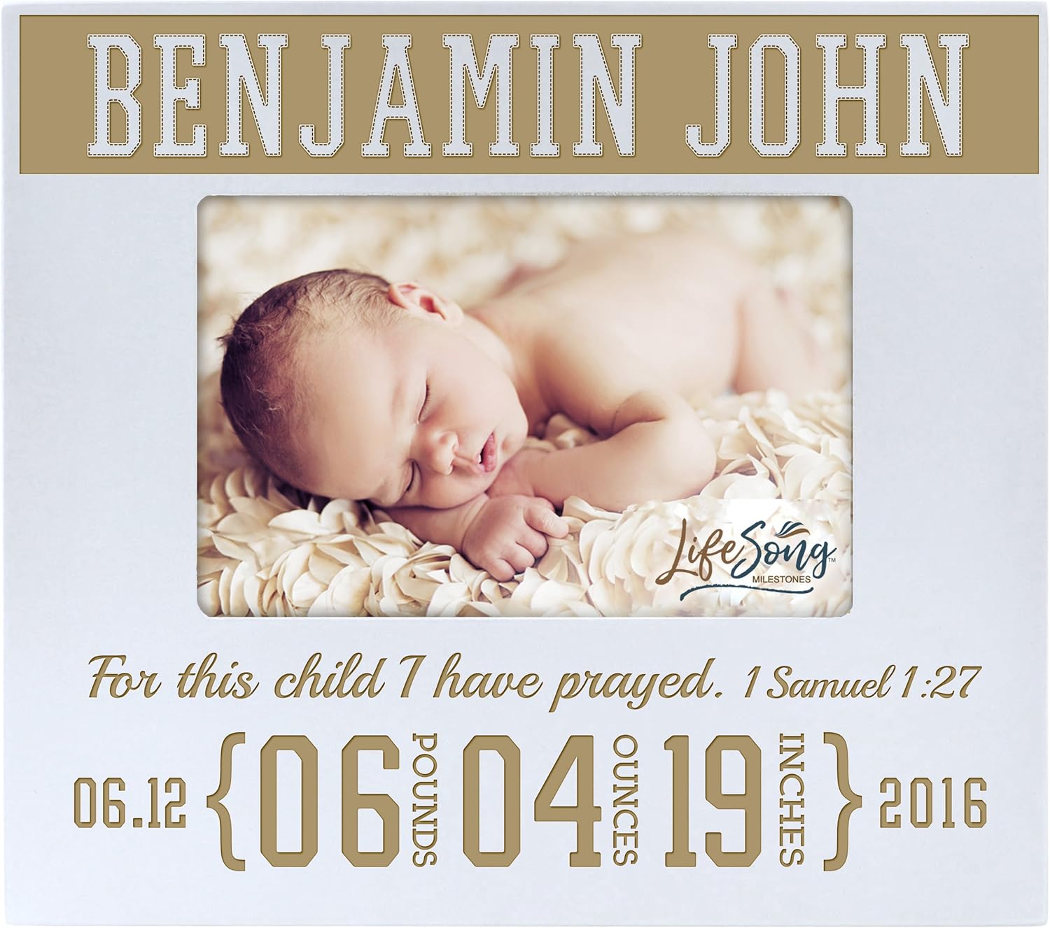 Personalized New Baby birth announcement picture frame for newborn boys and girls Custom engraved photo frame for new mom and dad parents and grandparents For this child I have prayed (White)