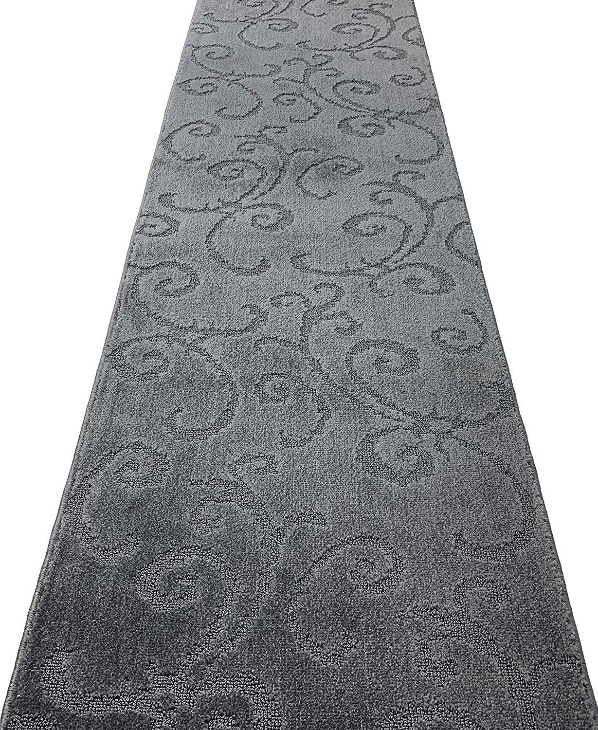 Non Slip Washable Carpet Runner Rug with Rubber Backing, Custom Floor Mat for Kitchen Hallway Stairs Bedroom Bathroom Entry, Scroll Anthracite Grey, Your Choice of Length, 26 Inch X 2 feet, Doormat