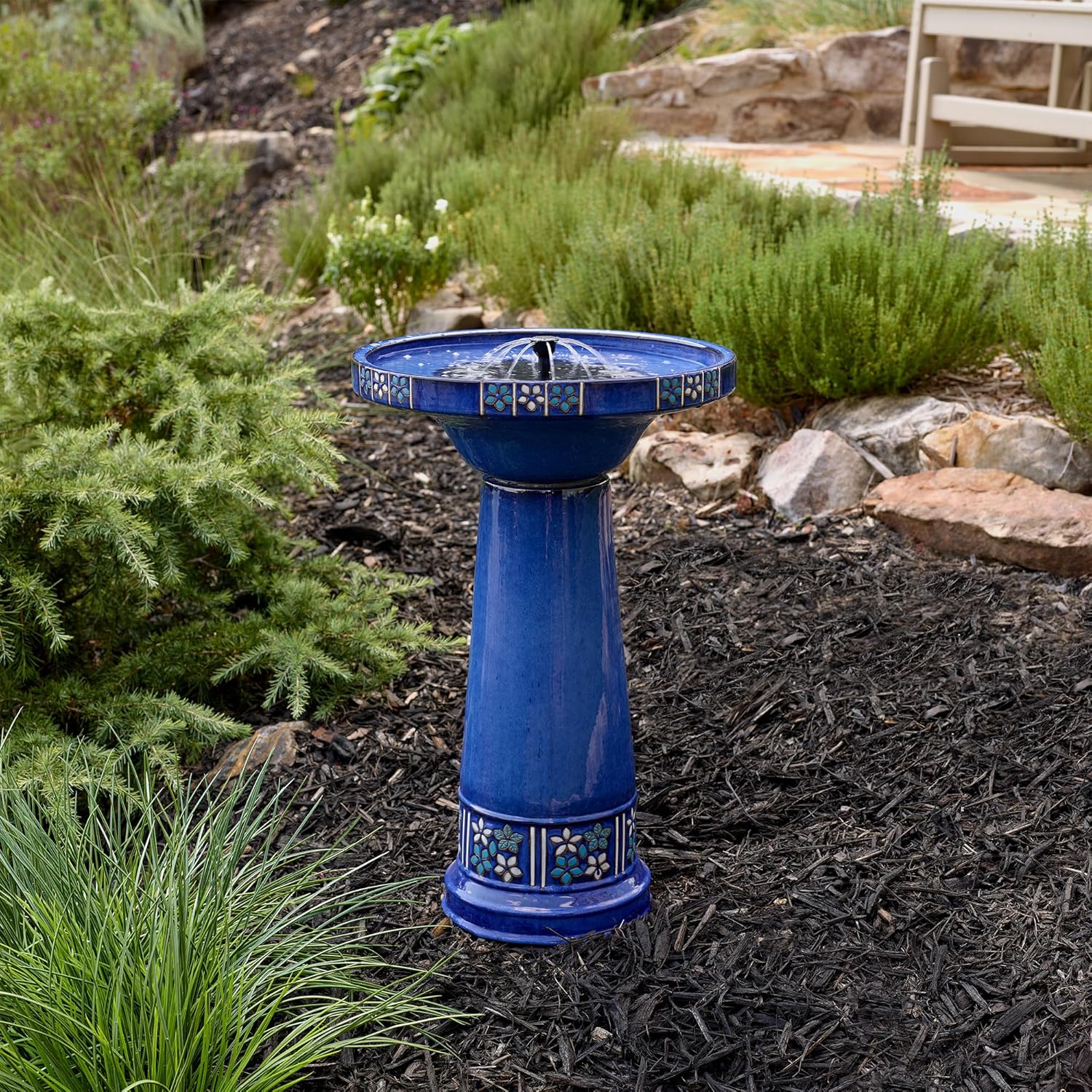 Smart Solar Louisa IntelliSolar Outdoor Solar-Powered Birdbath Fountain with Remote, Bubbler and 360-Degree Spray Topper, Ceramic Cobalt Blue Birdbath, Floral Detail