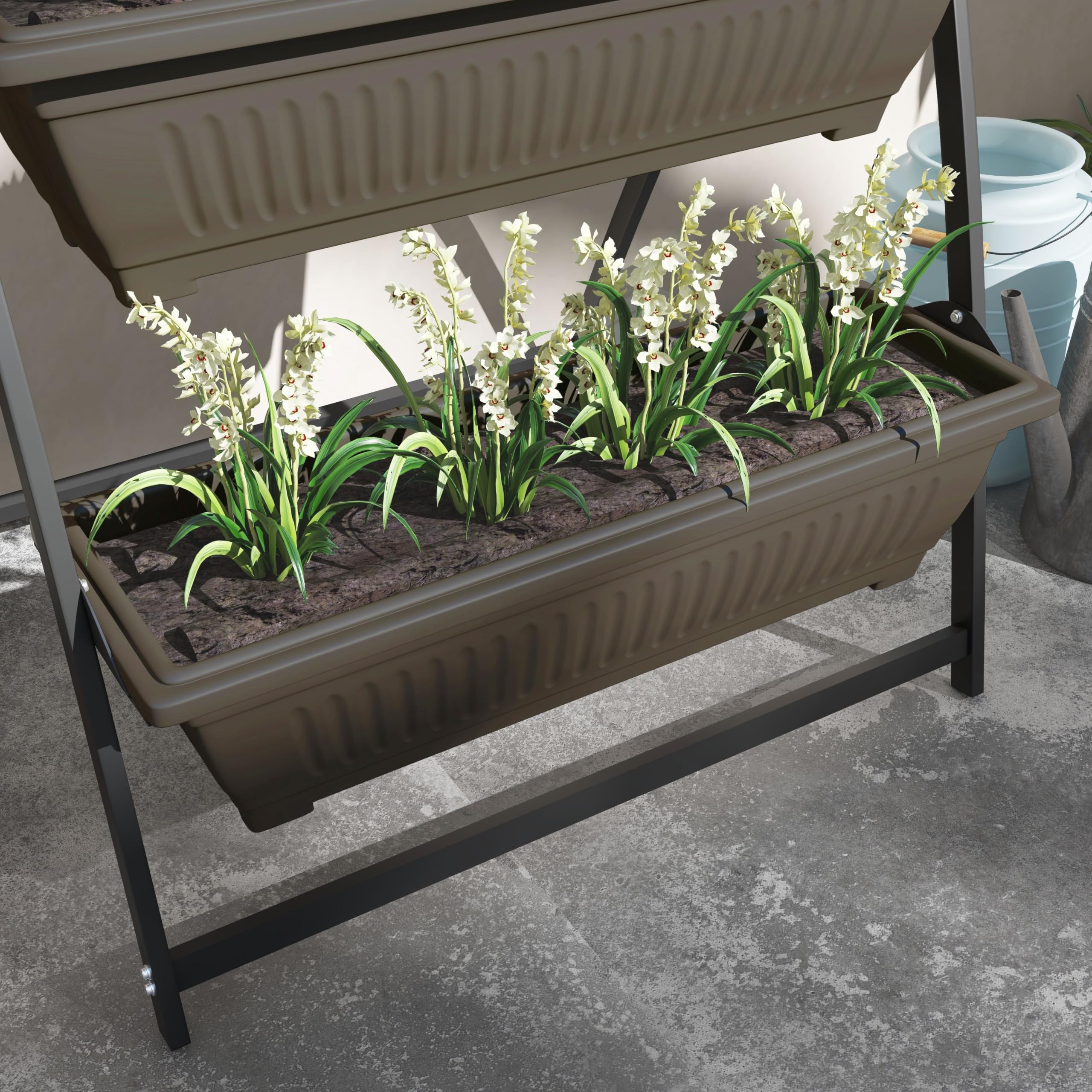 Outsunny Pflanzenständer Pflanzentreppe 4 Etagen Braun 76 x 79 x 162 cm | Pflanzenregal mit Löchern, Blumenregal für Garten, Stahl