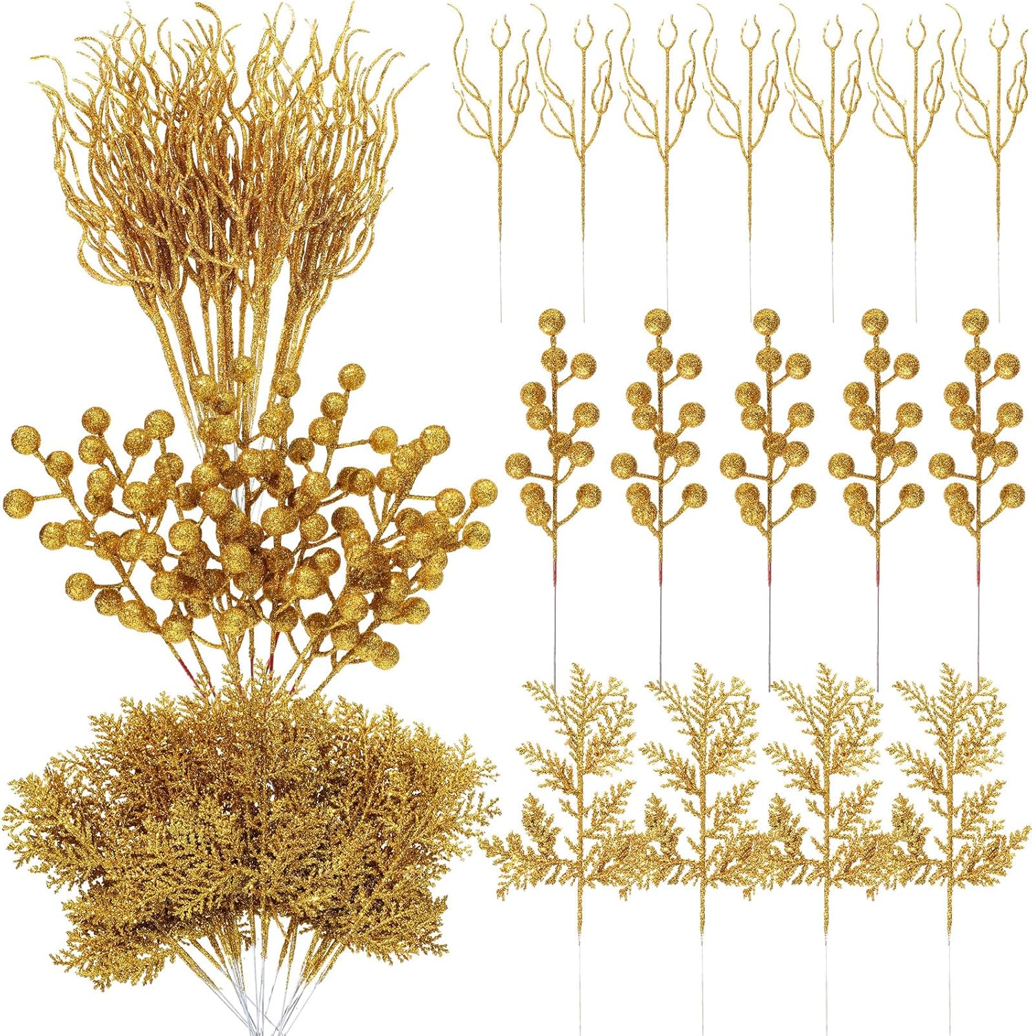 75 Pcs Halloween Glitter Branches 3 Styles Artificial Christmas Picks Berries Stems Pine Needles Floral Twig Spray for Xmas Tree Ornaments DIY Wreath Garland(Light Blue)