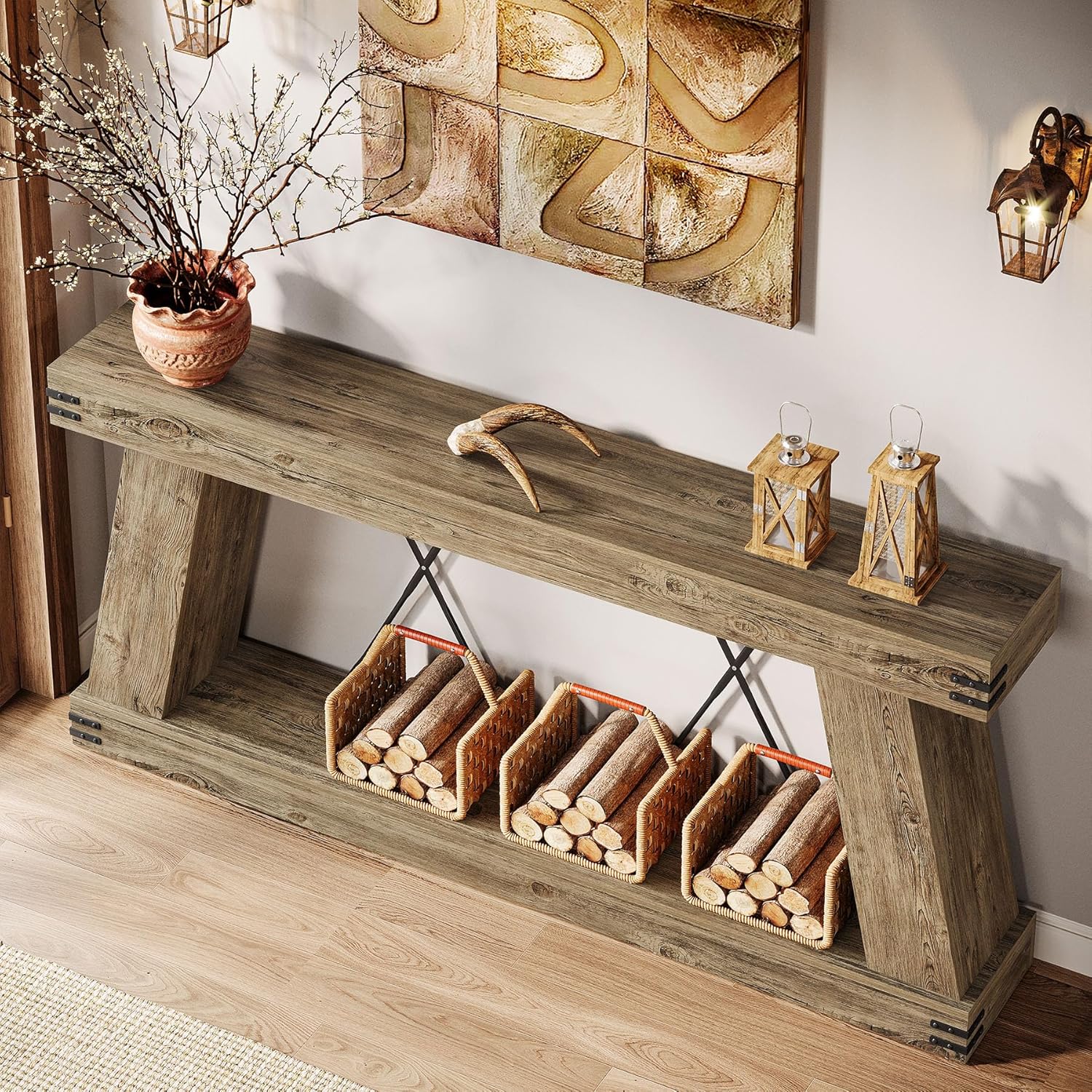 Tribesigns 70.9" Farmhouse Console Table, Long Sofa Table Behind Couch with Storage, Narrow Console Station, Industrial Rustic Entryway Furniture for Hallway, Entry, Living Room (1, Light Brown Oak)