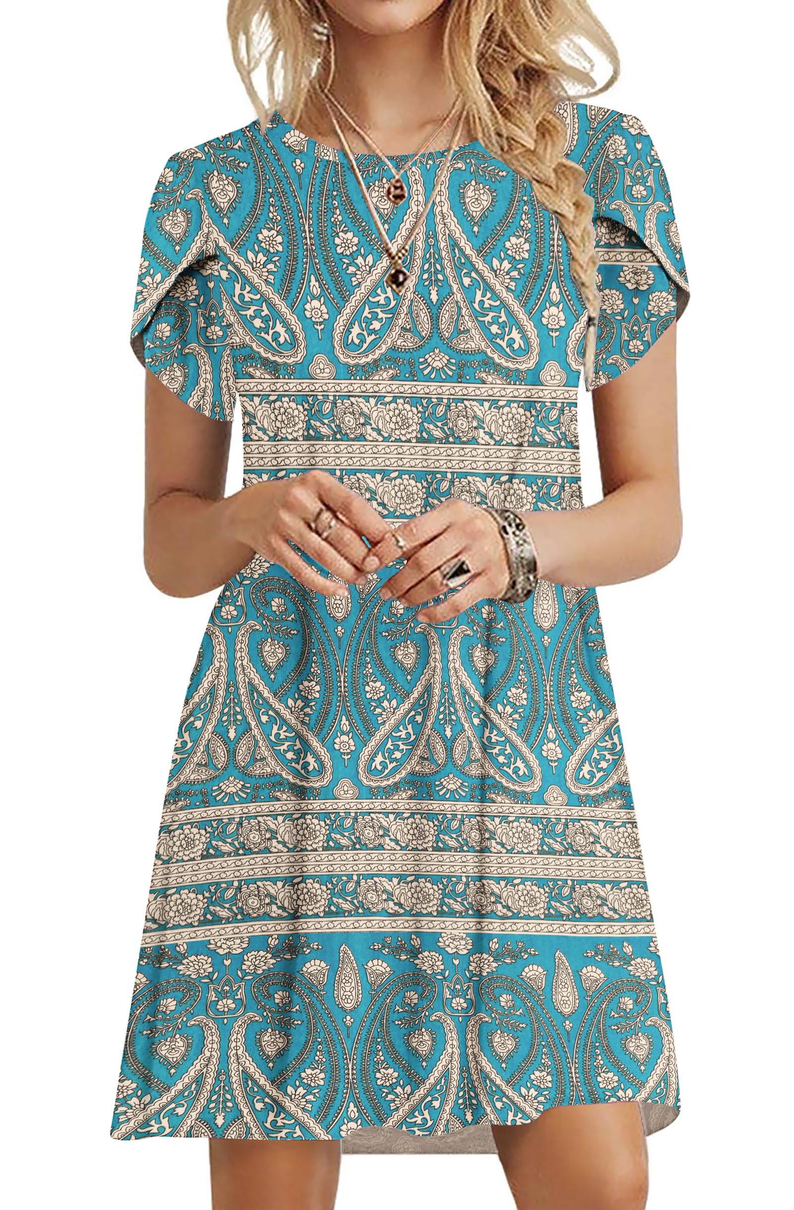 PLOKNRD Sommerkleid Damen Blütenblatt Ärmel T-Shirt Kleid Rundhals Blumenmuster Freizeitkleid Leicht und Luftig mit Taschen