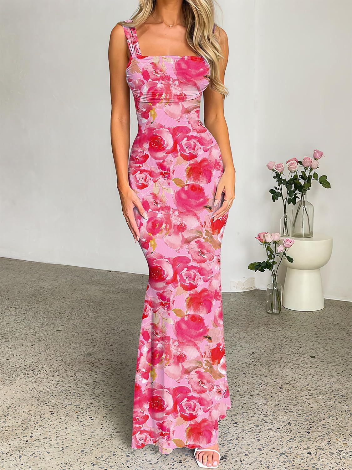 Caracilia Dresses for Women Summer 2026 Sleeveless Mesh Bodycon Floral Maxi Formal Wedding Guest Dress Party Spring - Image 6