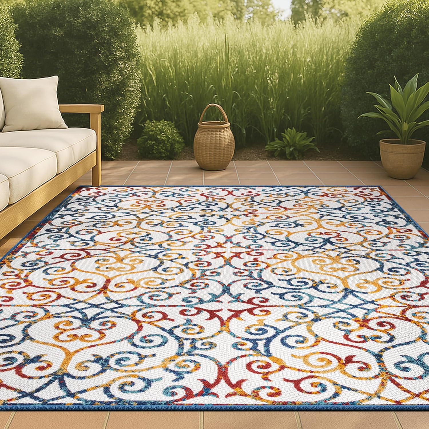 JONATHAN Y Scroll Trellis Indoor Outdoor Area Rug 3X5 Cream/Blue/Red, Atrani for Backyard, Patio, Porch, Easy-Cleaning, High Traffic, Pet-Friendly, Non-Shedding (AMC110A-3)