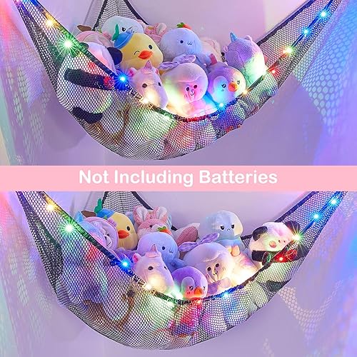 Vista 127 de Basumee Red de animales de peluche o hamaca con luz LED, hamaca de red de juguetes para almacenamiento de animales de peluche, hamacas para Azul
