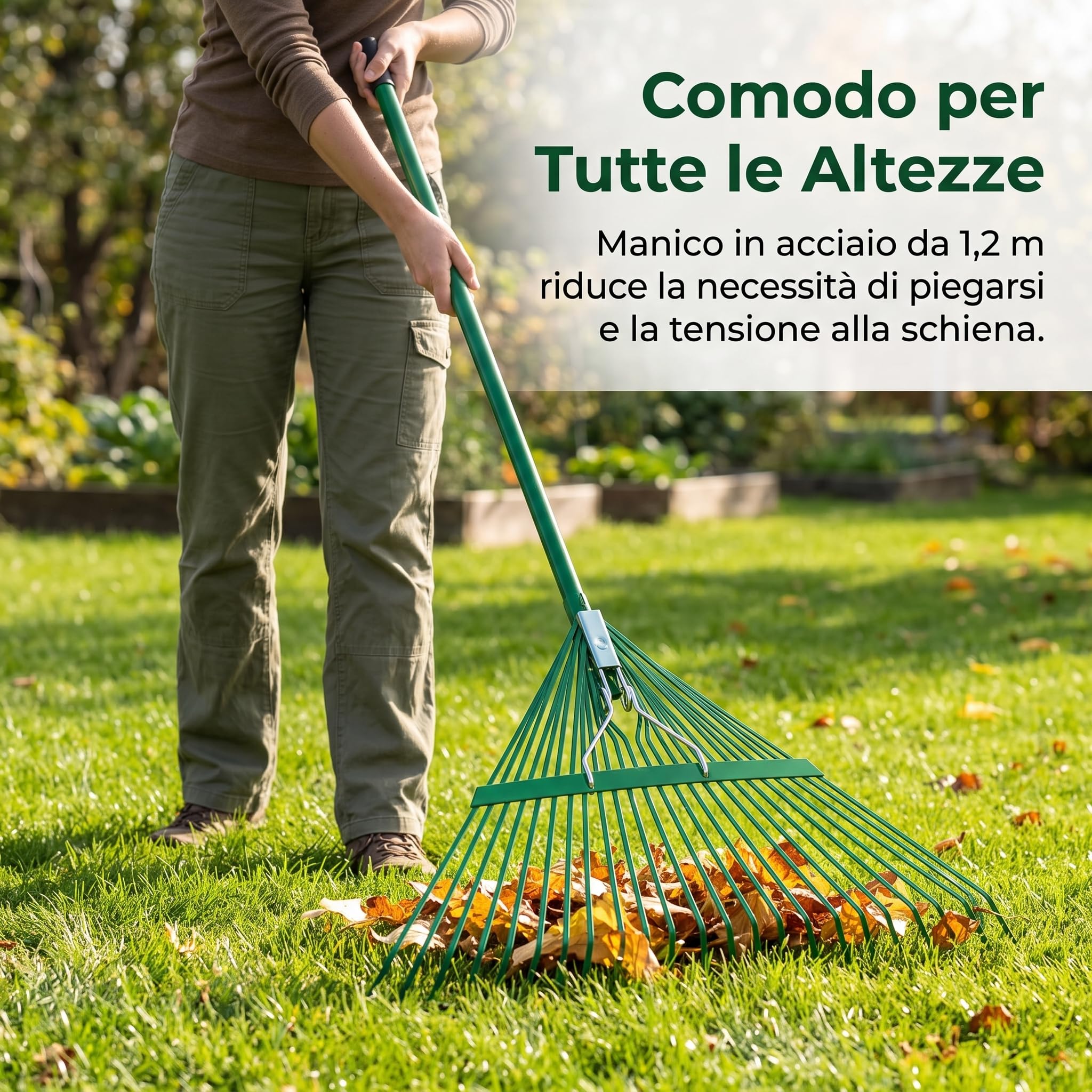 Rastrello Giardino 24 Denti in Metallo con Manico da 1.2m per Foglie e Pulizia Prato