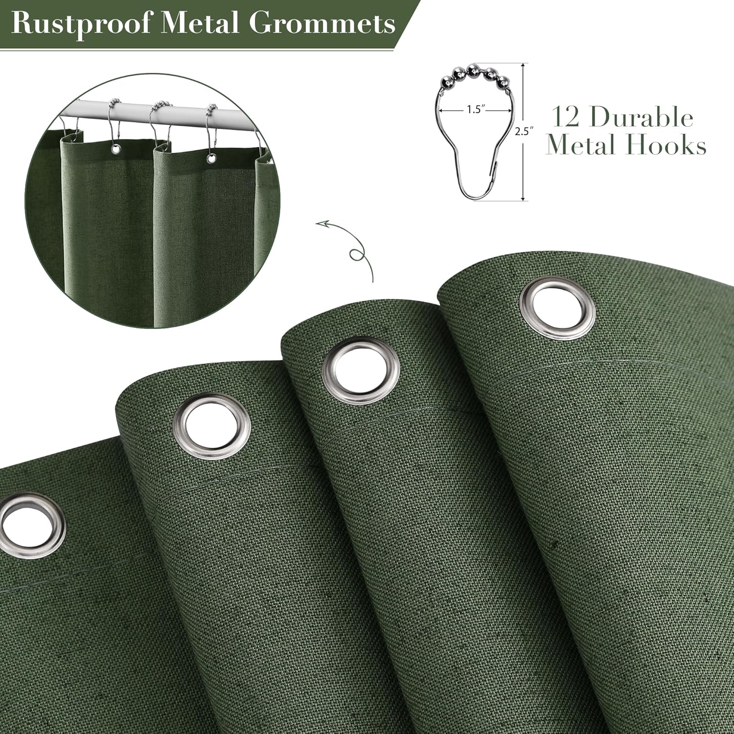Nanspring Olive Green Boho Linen Shower Curtain for Bathroom Luxury Fancy Modern Rustic Fabric Shower Curtain Set with Hooks Farmhouse Hotel Style Bath Accessories Decor Water Repellent 72x72