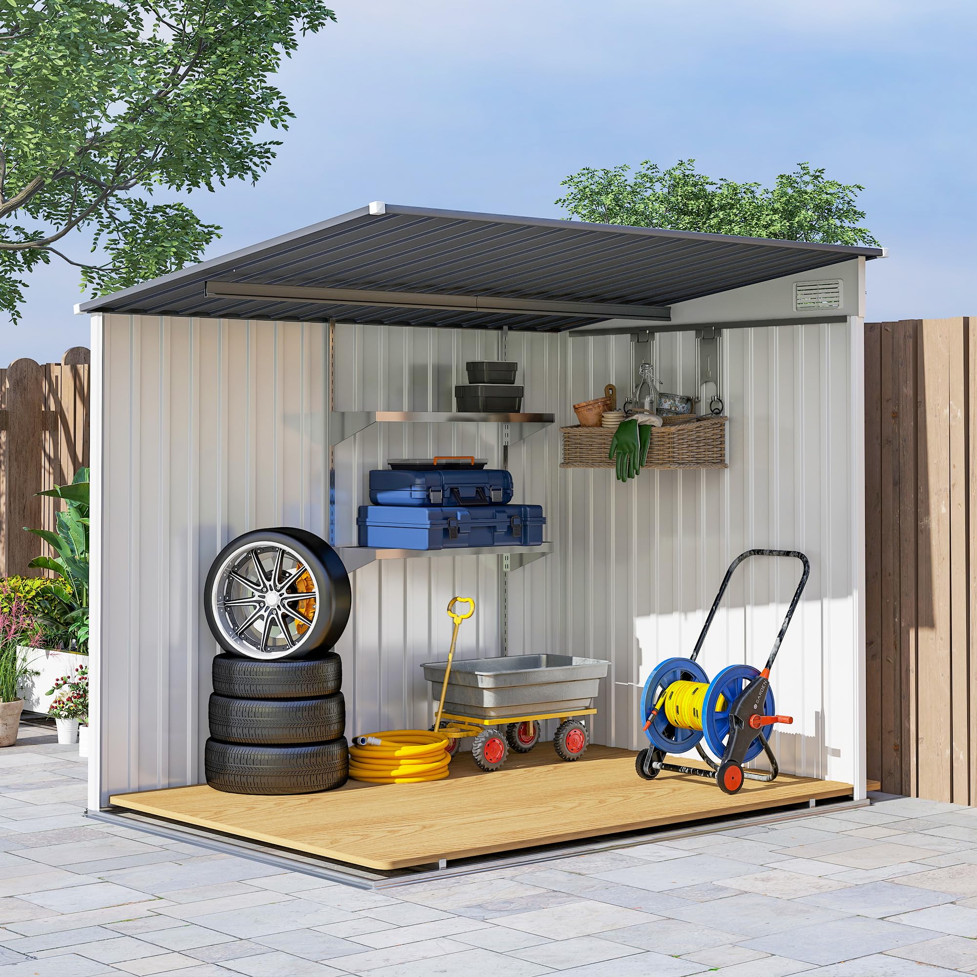 Outsunny Casetta da Giardino 2.81m² in Acciaio Zincato con Kit Fondazione, Capanno Porta Attrezzi Addossato con Ripiani Regolabili, Ganci, Tetto Inclinato, Prese d'Aria, Porta Scorrevole Bianco