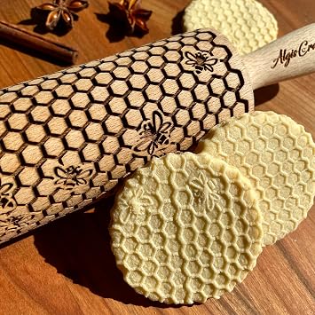 Embossing Rolling Pin Beehive. Laser Engraved Dough Roller for Embossed Cookies or Pottery by Algis Crafts