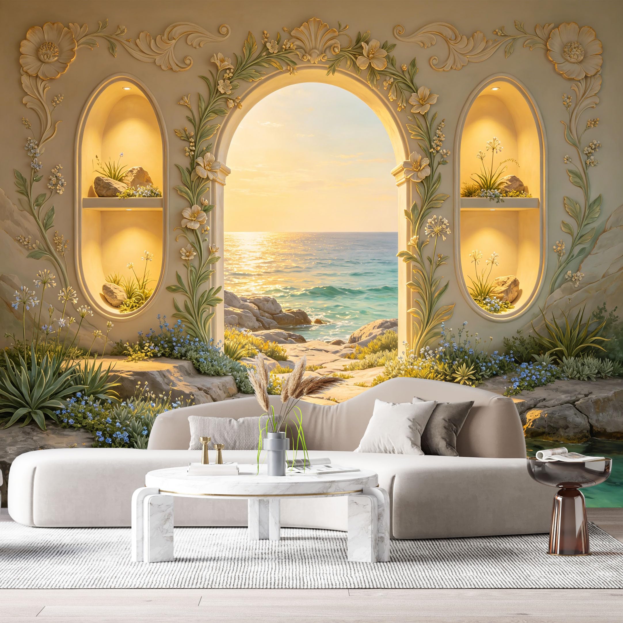 Custom Size Wall Murals Coastal Ocean Landscape Stone Archway Succulent Garden 3D Trompe L'Oeil SelfAdhesiveWall Fabric Removable Wallpaper Wall Decor for Living Room Bedroom Bathroom