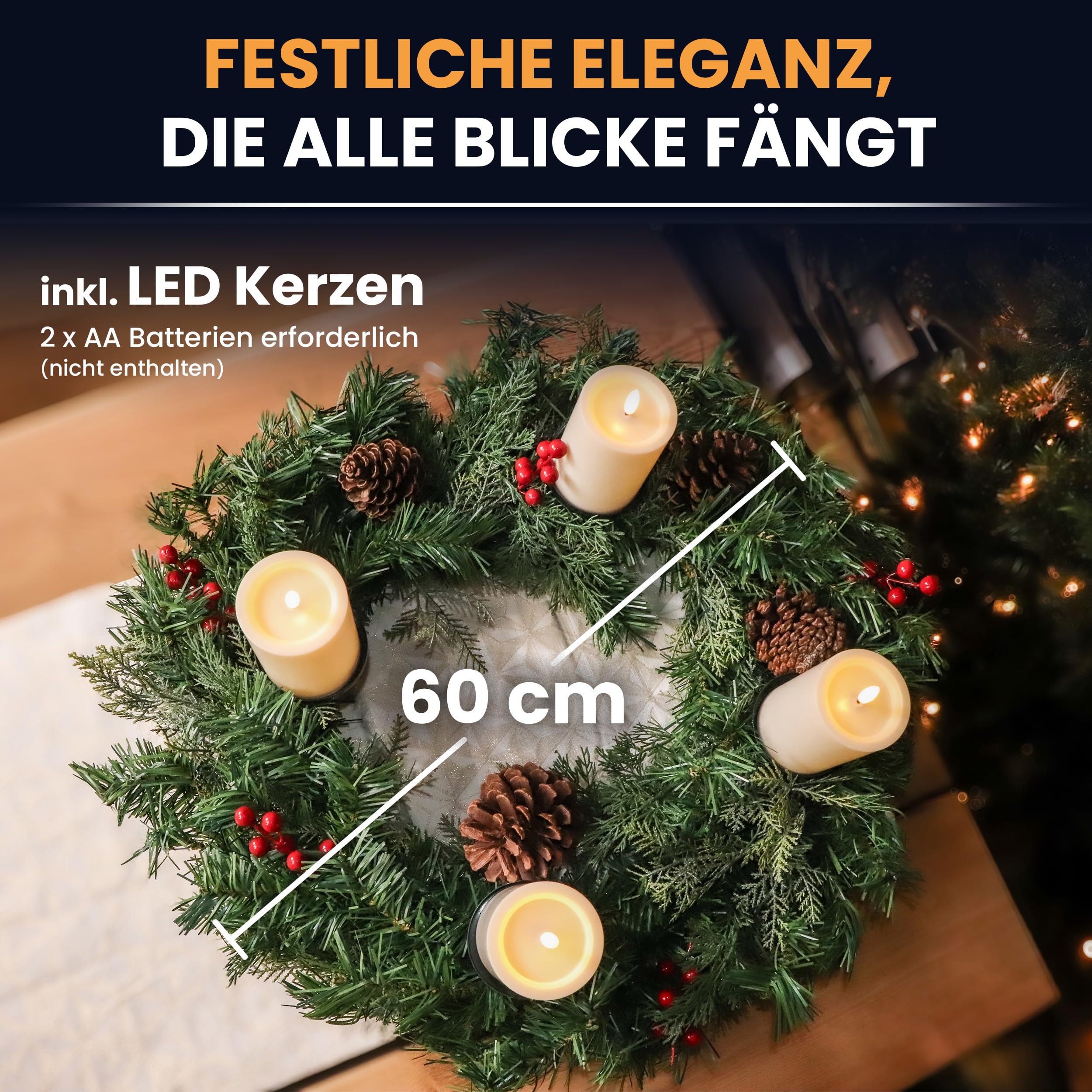Gartenpirat Künstlicher Adventskranz Ø 60 cm mit 4 LED-Kerzen Flacker-Effekt Weihnachtskranz mit Tannenzapfen und roten Beeren geschmückt Adventsgesteck