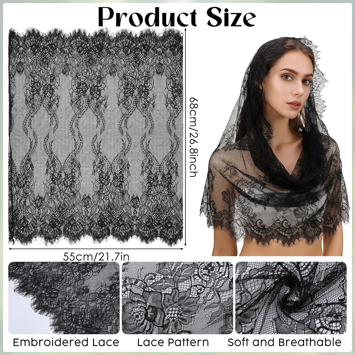 JATEBI 3 Pcs Retro Lace Catholic Veil Triangle Rectangular Mantilla Latin Mass Veil Head Covering Lace Shawl - Image 2