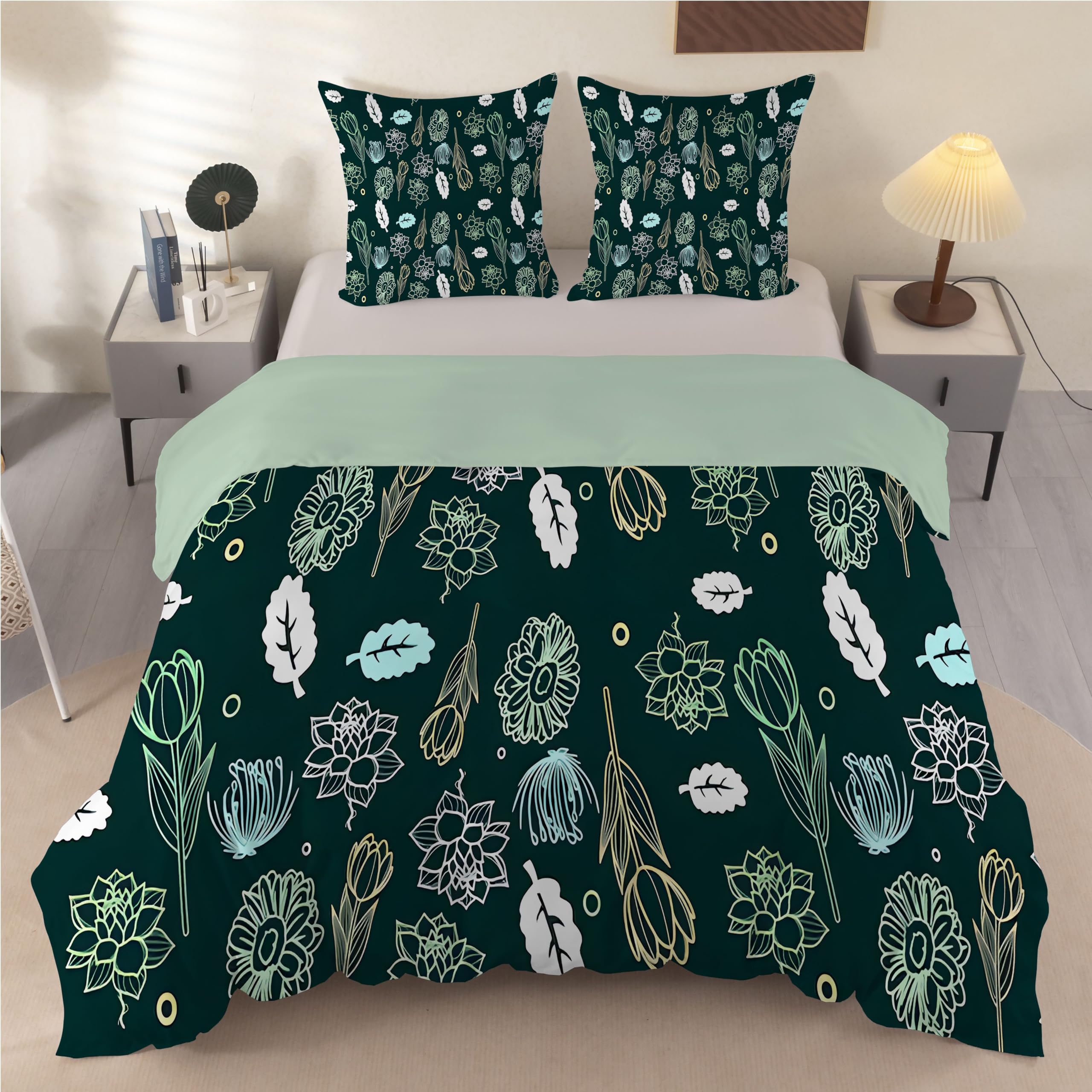 Housse de couette 240x260 botanique vintage en microfibre pour lit 2 personnes avec taies F159