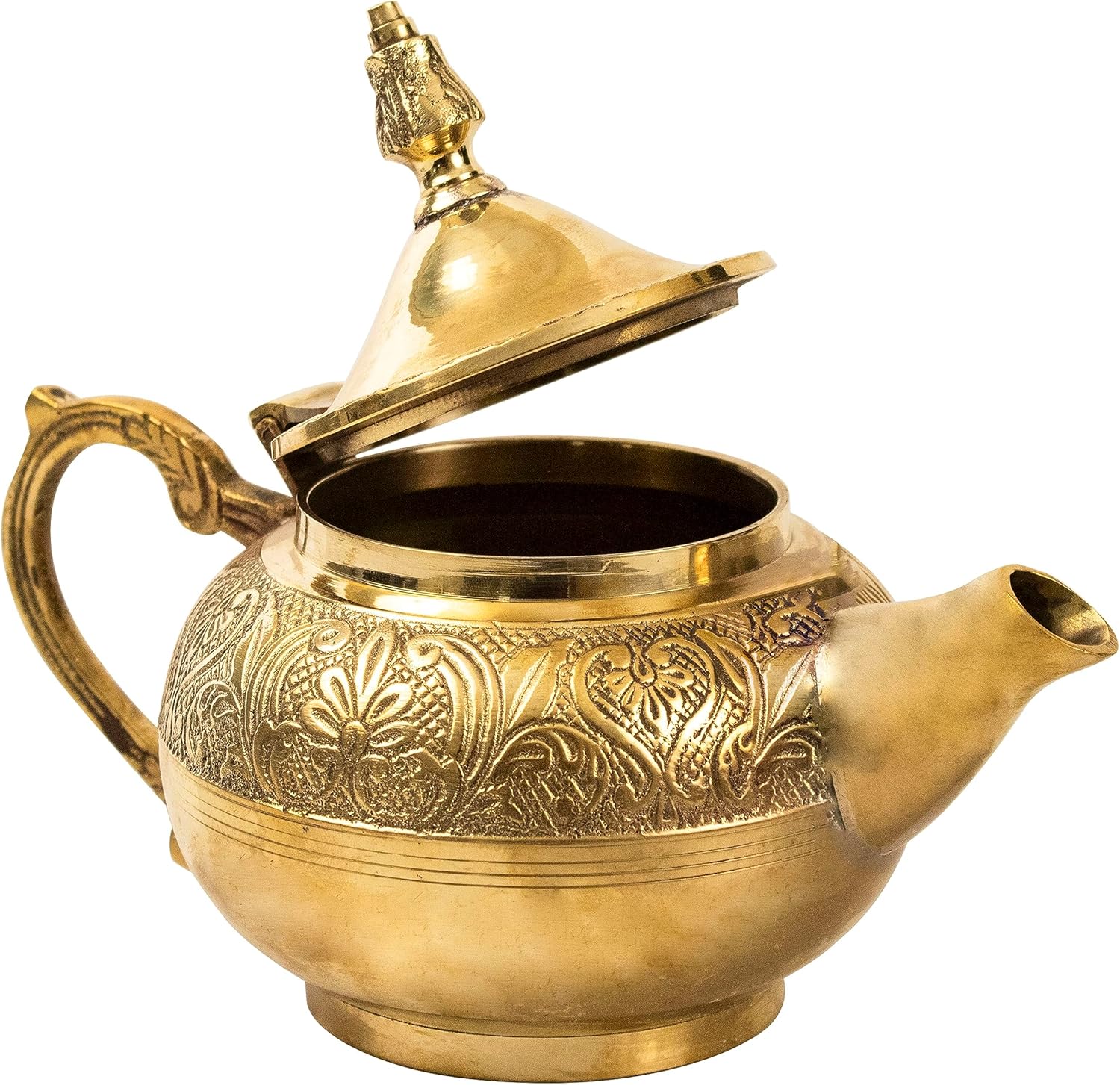 Putrika Traditional Handcrafted Brass Tea Kettle | Tea Pot | Engraved Design Pot | Coffee Pots |Serving Tea And Coffee Beverages| Antique Brass Look Kettle | Decorative Tea Pot, Medium, Gold