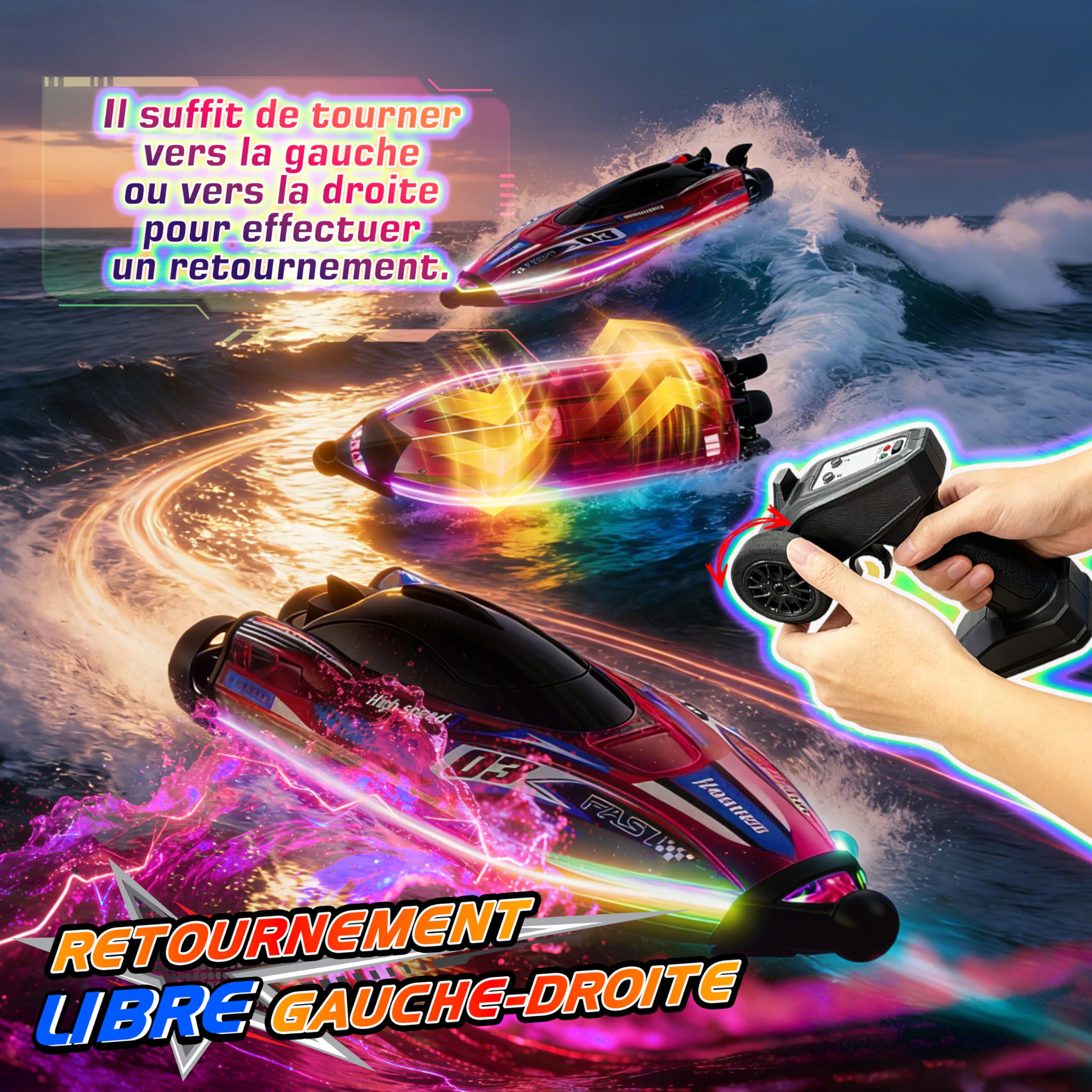 FORMIZON Bateau Télécommandé 25 km/h, Bateau RC avec Lumière LED pour Piscine et Lacs, 2,4GHZ Speedboat de Course RC avec Anti-Enchevêtrement à l’Arrière, Boat Jouet Piscine pour Enfants (Rouge)
