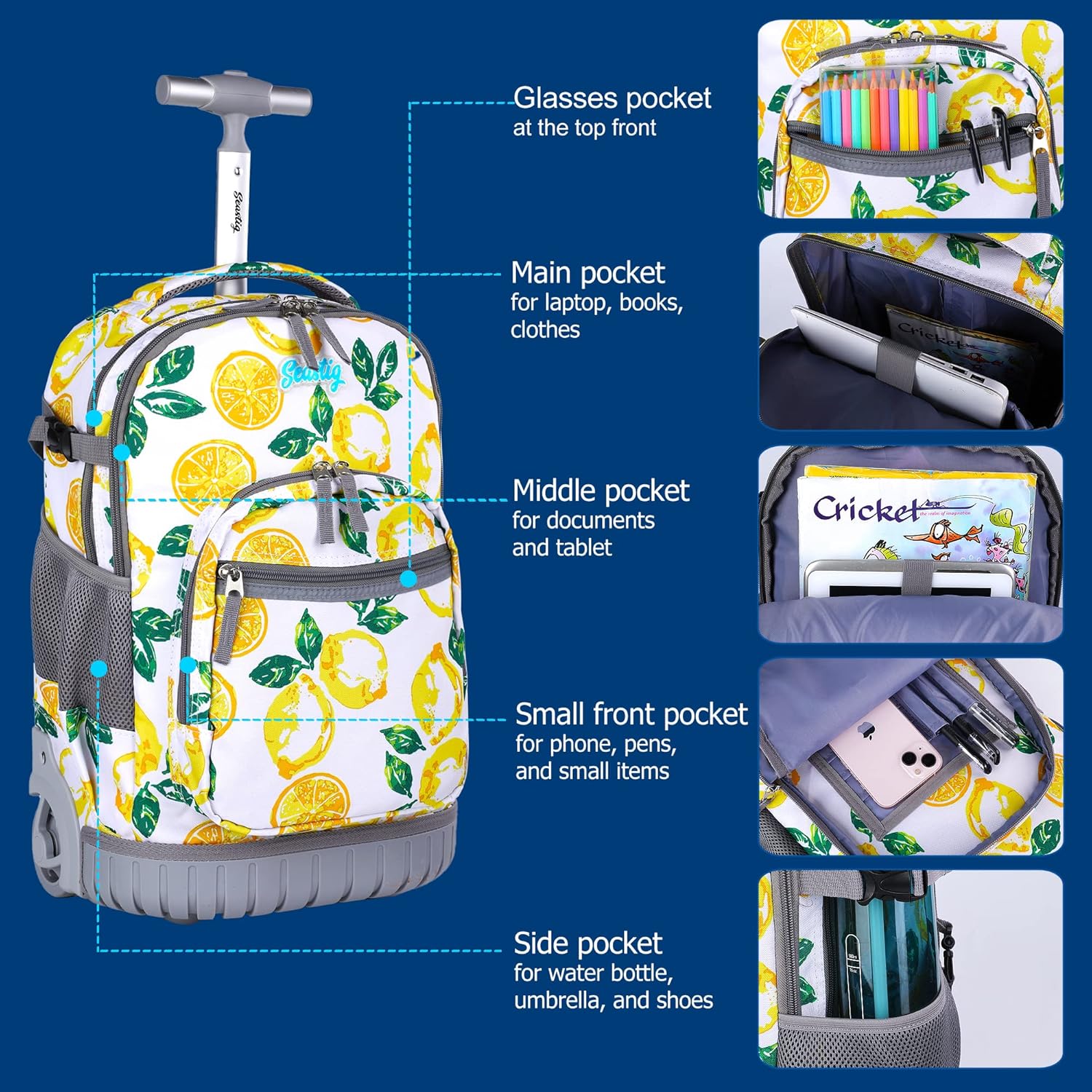 seastig Rolling Backpack 18in Wheeled Backpack with lunch bag and Pencil Case Set Roller Backpack Laptop Backpack Adults Kids