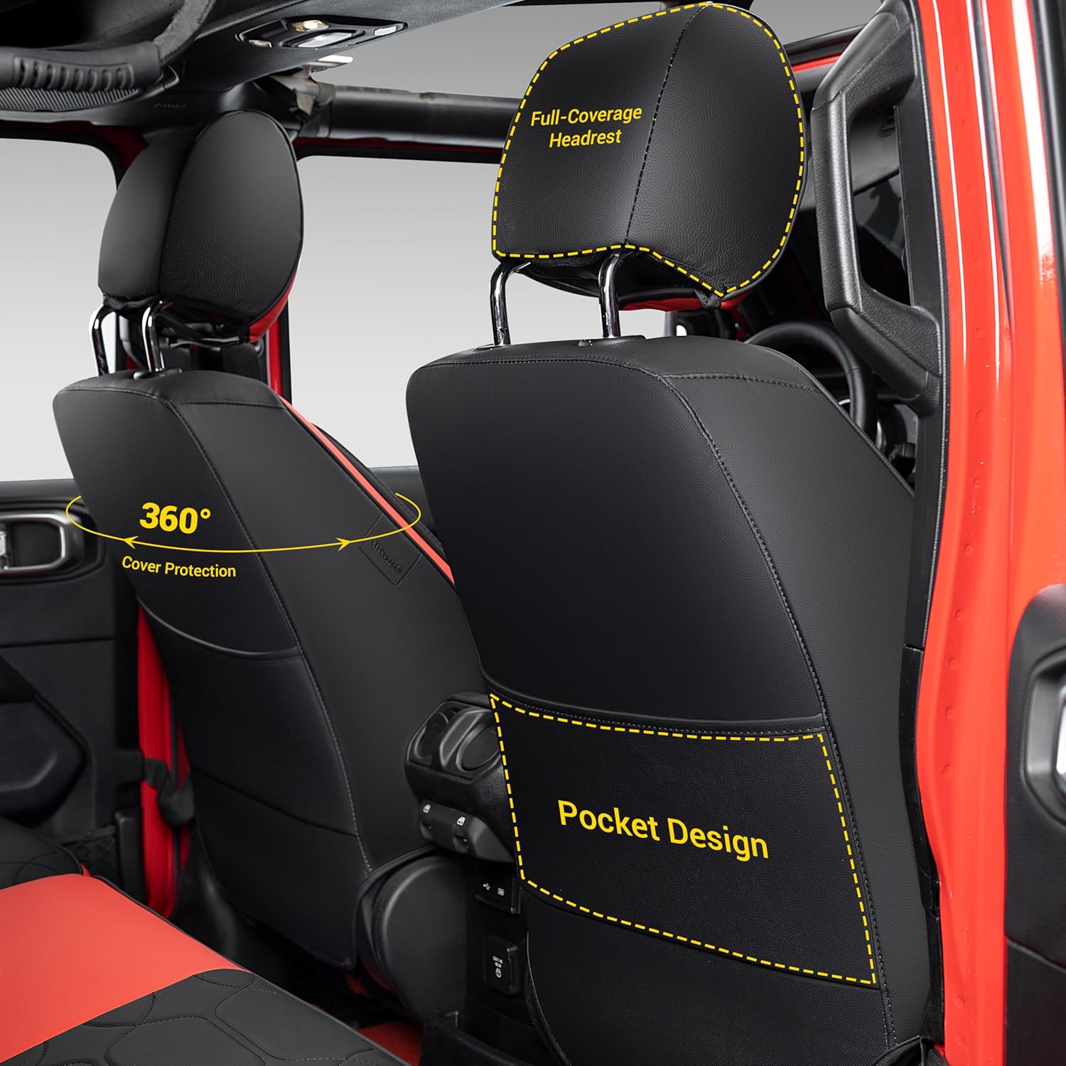 OASIS AUTO Custom Fit Seat Covers Compatible with Jeep Wrangler JL Unlimited (2018-2026) 4-Door, Waterproof Faux Leather, Fits Rubicon Sahara Sport (Black&Red)