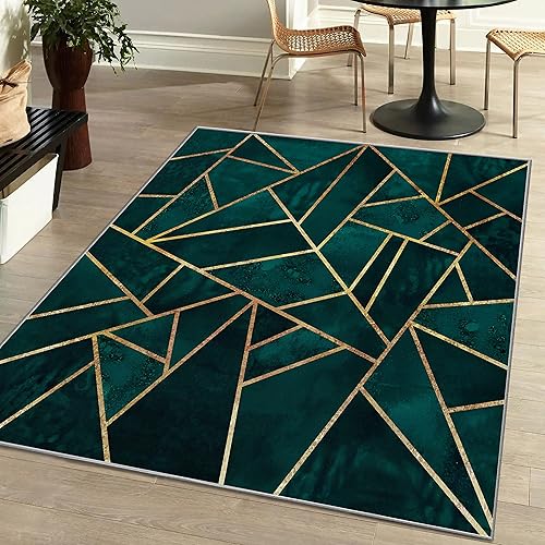 Alfombra abstracta de lujo con líneas de oro verde esmeralda, moderna, geométrica, mármol, antideslizante, lavable, decoración del hogar, alfombra