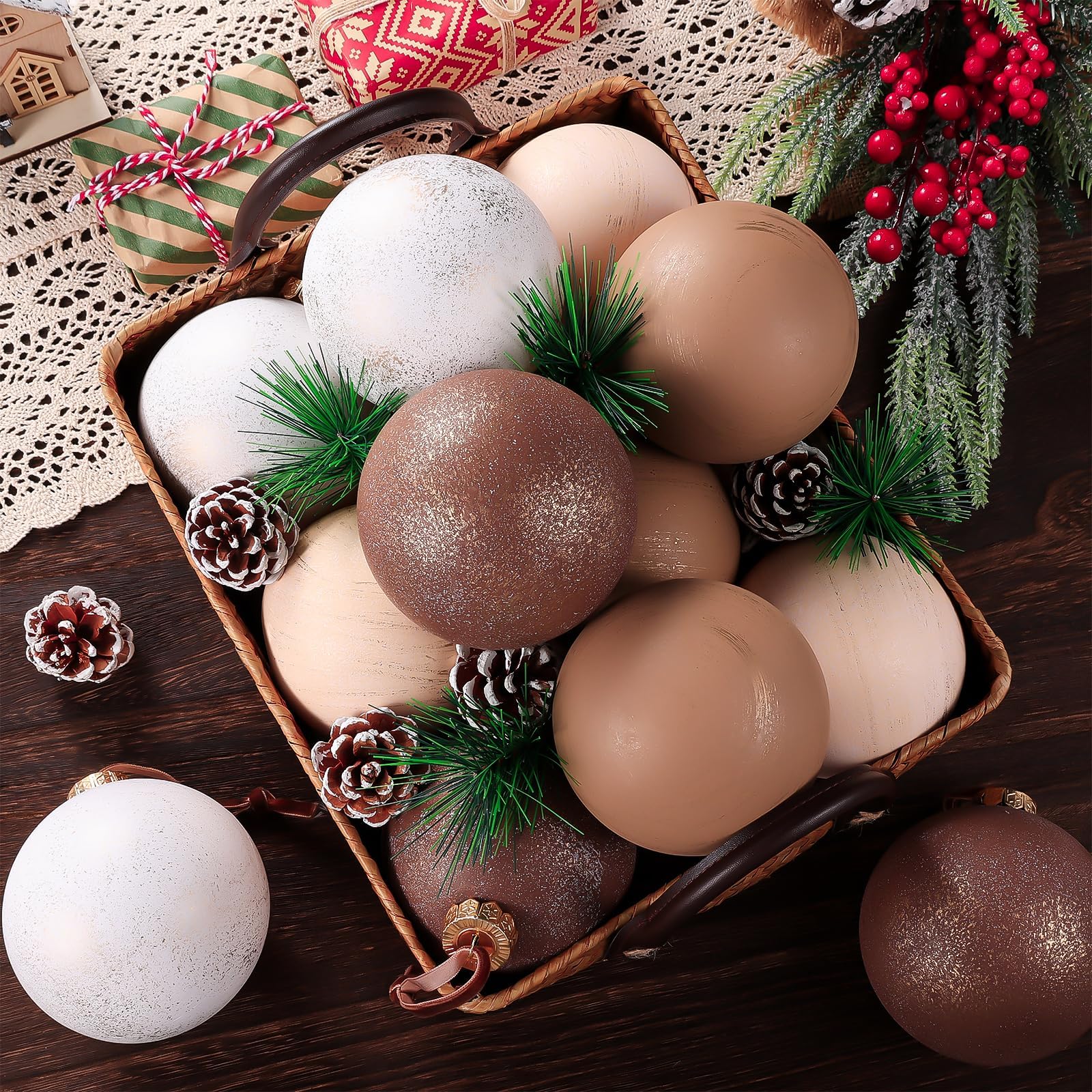 12 Pcs Neutral Textured Christmas Ball Ornaments 4 Inch Xmas Tree Decorations Rustic Farmhouse Boho Vintage Hanging Ornaments Earth Toned Home Decor for Tree Party Holiday (Brown)