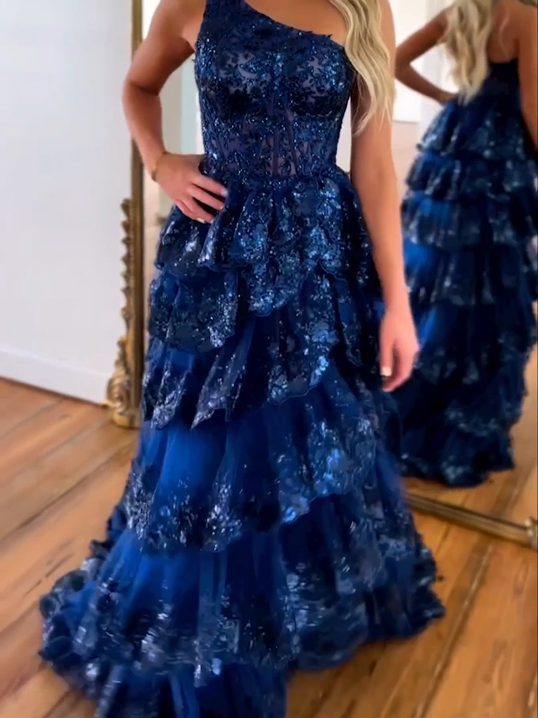 Amazon.com: AKLASU Lace Prom Dresses for Women One Shoulder Tiered Tulle  Sparkly Long Formal Evening Party Gowns with Slit Black US2: Clothing,  Shoes & Jewelry