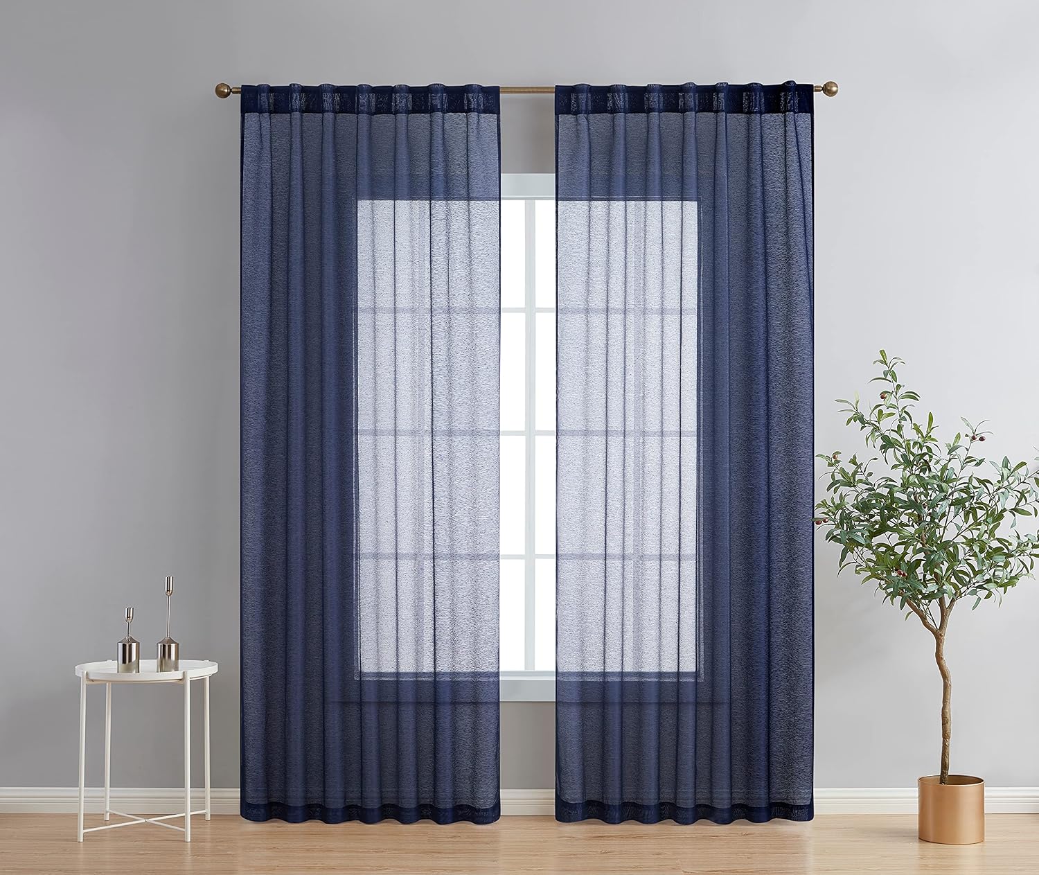 HLC.ME Lauren Semi Sheer Light Filtering Transparent Pocket Top & Back Tab Lightweight Short Window Curtains Drapery Panels Bedroom & Living Room, 2 Panels (54 x 63 Inch, Navy Blue)