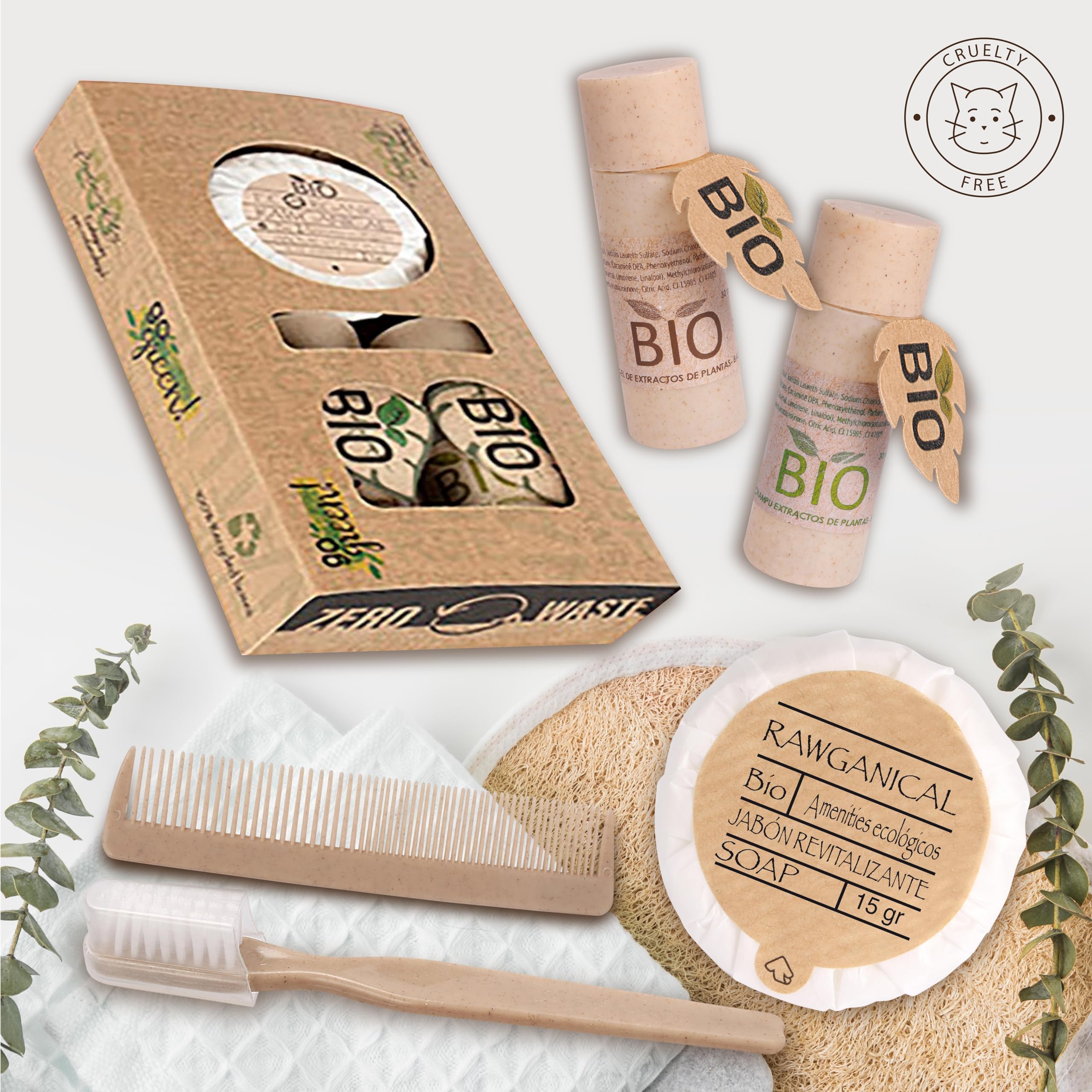 50 sets de higiene completos en caja Bio. Welcome pack para alojamientos turísticos 5 piezas | 100% ecológico | Amenities de bienvenida para hoteles y estructuras turísticas