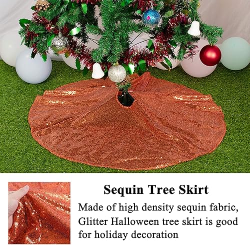 Miniatura 3 de AMZLOKAE Falda de árbol de Navidad de 48 pulgadas, falda de árbol naranja con lentejuelas, falda de árbol de Halloween, falda de árbol de Navidad,