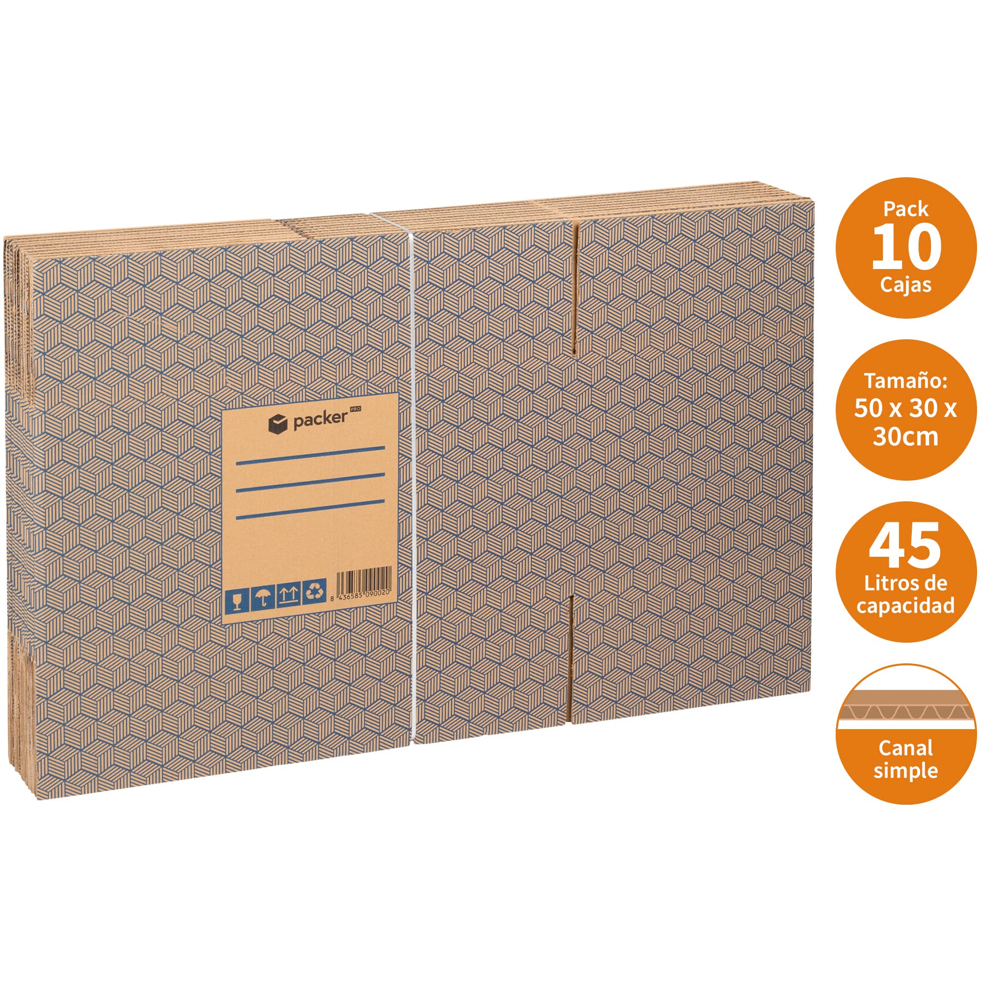 packer PRO Lot de 10 boîtes en carton ultra résistantes pour déménagement et rangement avec poignées, 50 x 30 x 30 cm