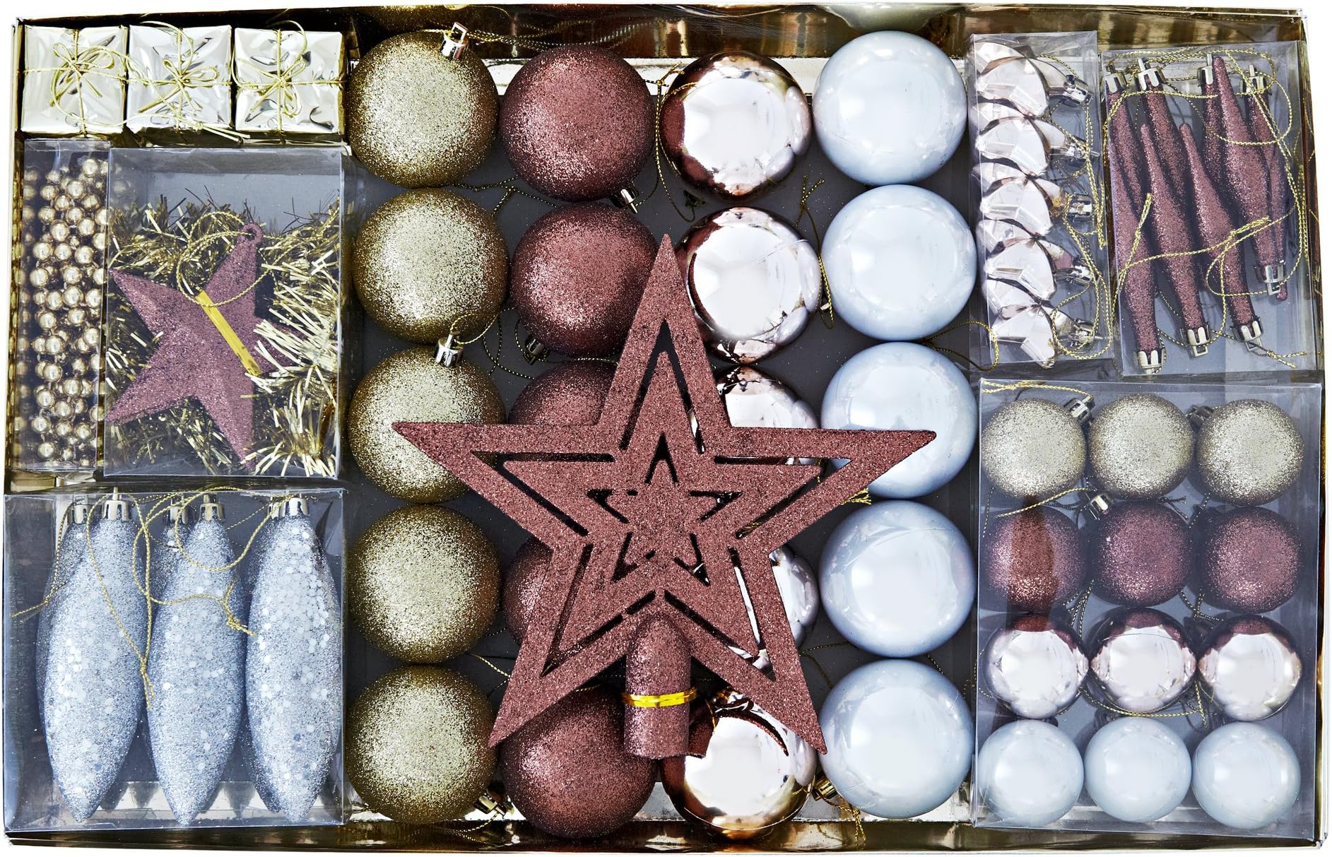 HEITMANN DECOChristmas Tree Decoration - Gold/Brown/Mother of Pearl - 60 Pieces - Set Including Tree Topper, Balls, Pearl Chain, Garland and Stars - Plastic