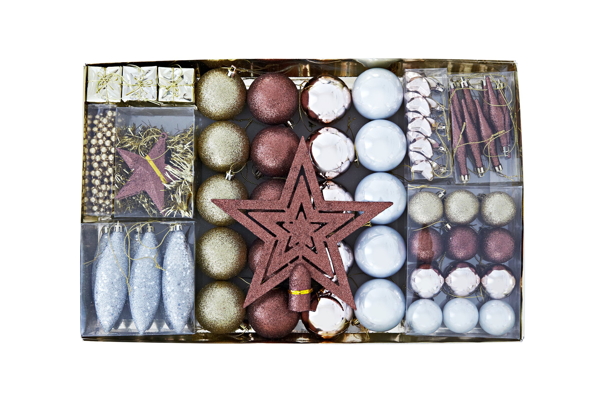 HEITMANN DECOChristmas Tree Decoration - Gold/Brown/Mother of Pearl - 60 Pieces - Set Including Tree Topper, Balls, Pearl Chain, Garland and Stars - Plastic