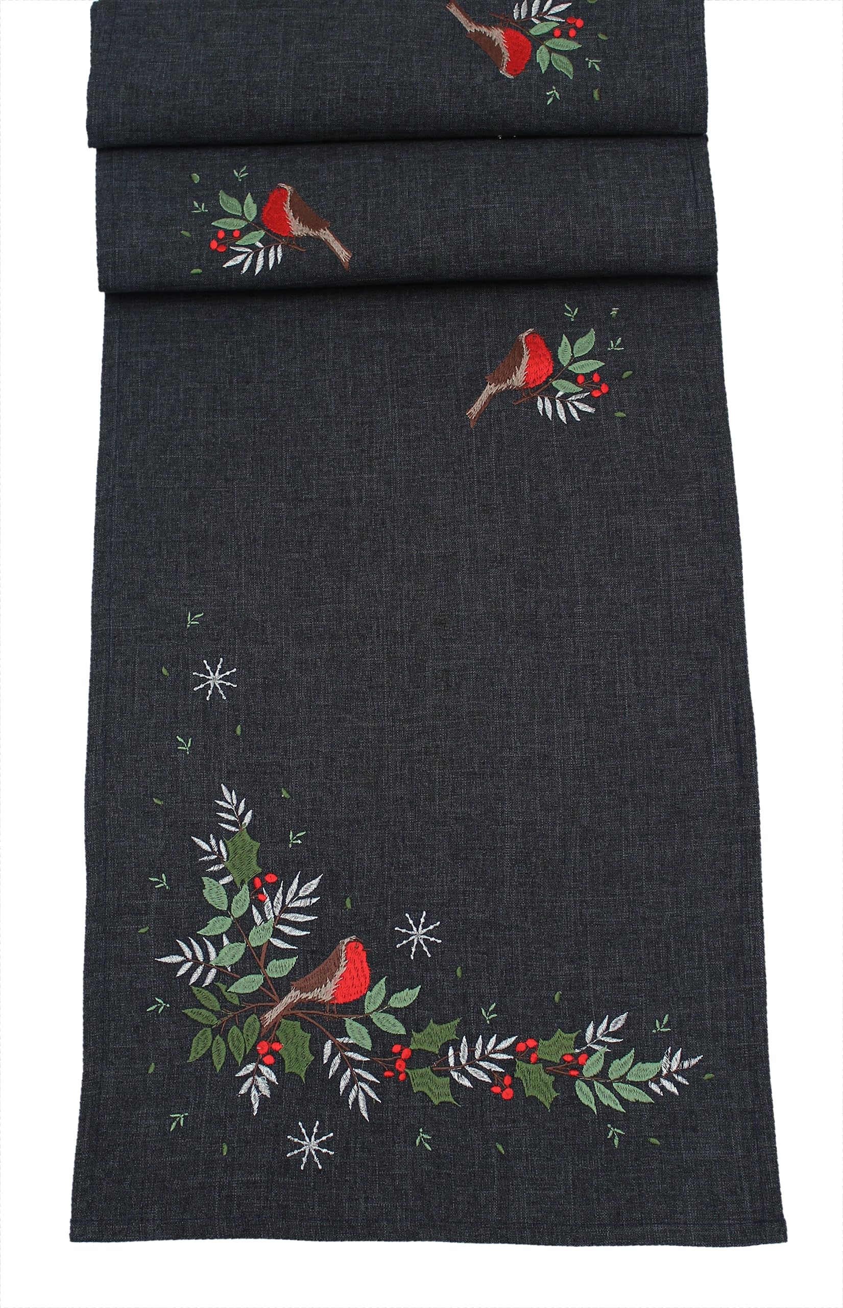 Peggy Wilkins Pewter Robin Roost Christmas Embroidered Table Runner - 14" X 75" (Pewter)
