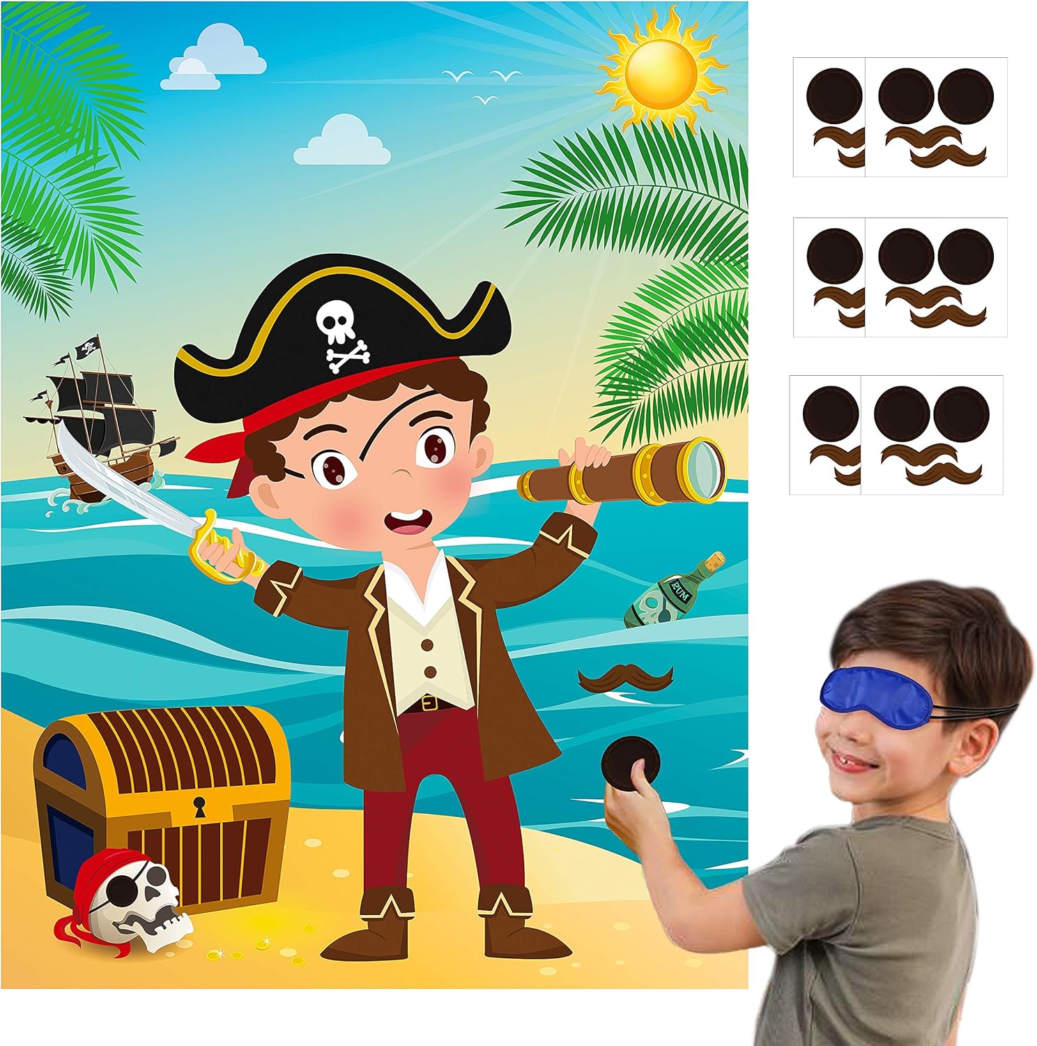 MALLMALL6 Pirate Stickers Party Games for Kids Pin The Eye Patch and Mustache On The Pirates Poster Birthday Party Favors Pin Game Include Blindfold Sticker Caribbean Pirate Party Supplies Decoration