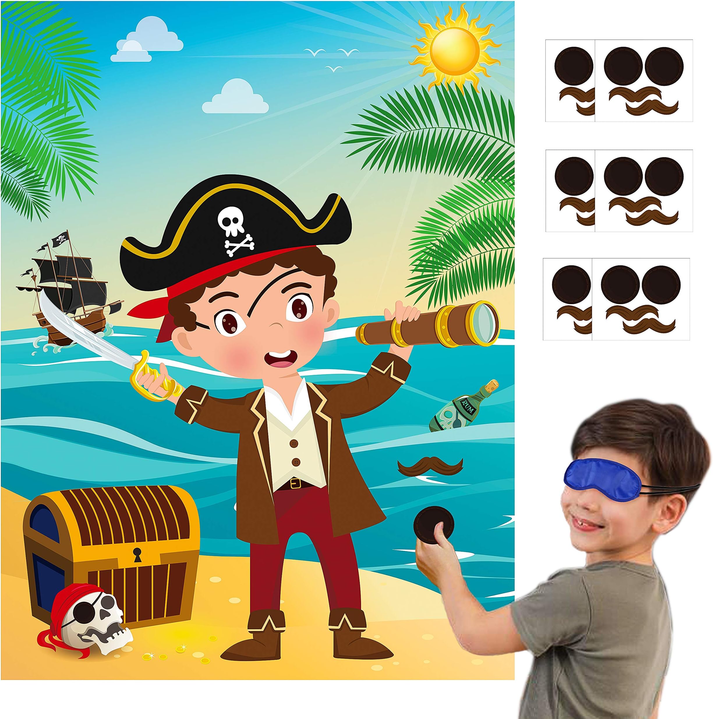 MALLMALL6 Pirate Stickers Party Games for Kids Pin The Eye Patch and Mustache On The Pirates Poster Birthday Party Favors Pin Game Include Blindfold Sticker Caribbean Pirate Party Supplies Decoration