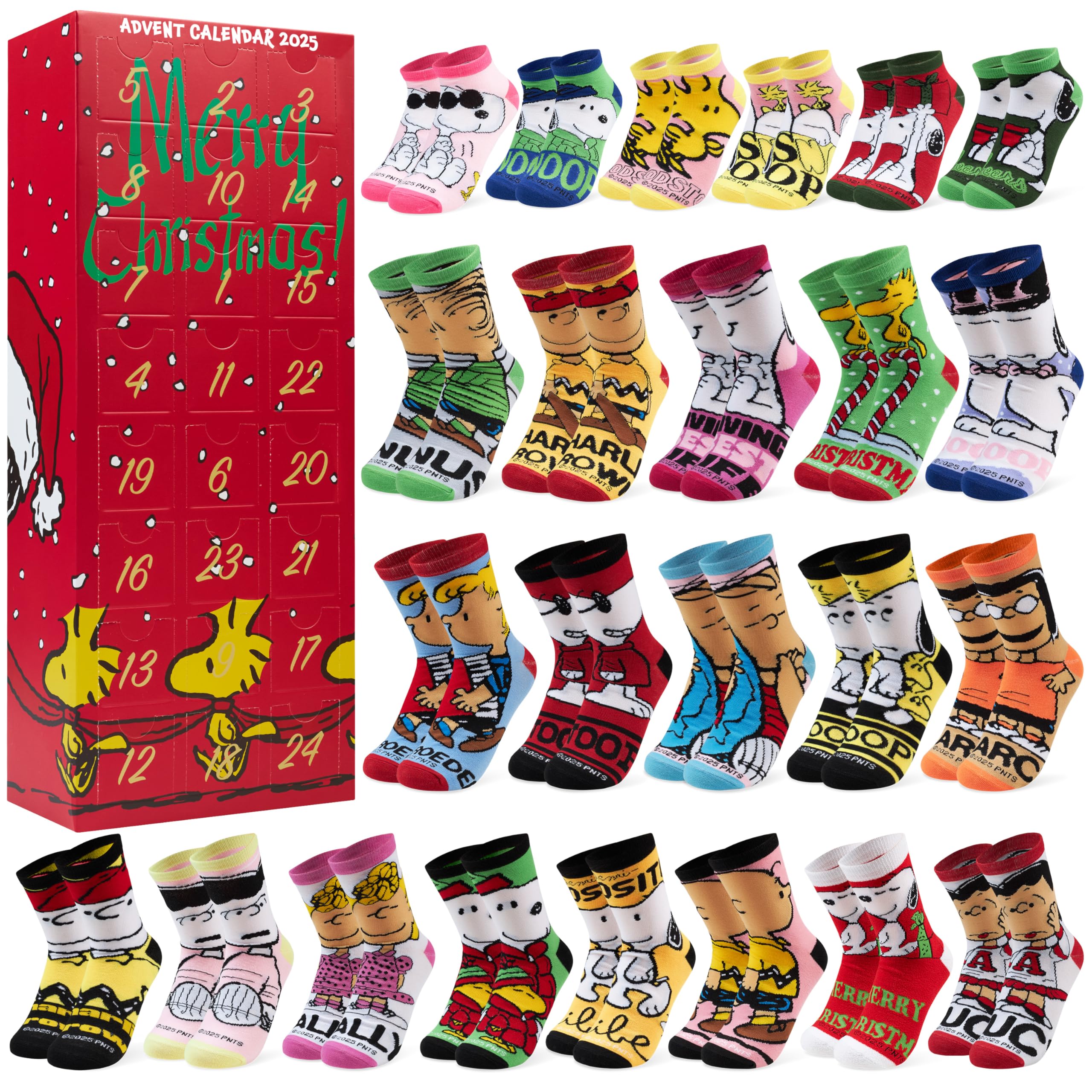 Snoopy Adventskalender 2025 - 24 Paar Socken Für Damen & Teens Größe 36-41