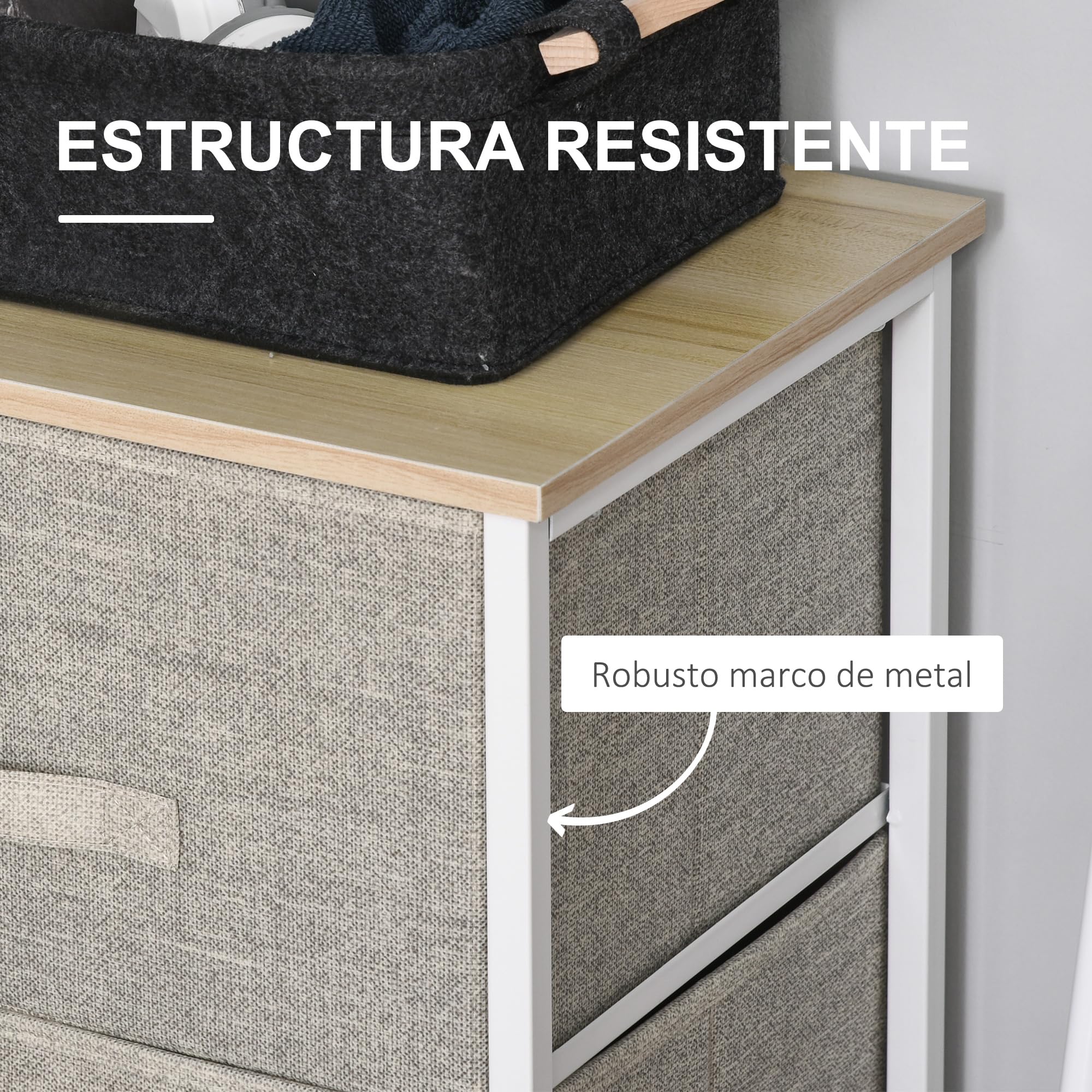 HOMCOM Cómoda con 3 Cajones de Tela, Cómoda para Dormitorio, Marco de Acero, Cajonera para Salón, Oficina, Vestidor, Gris