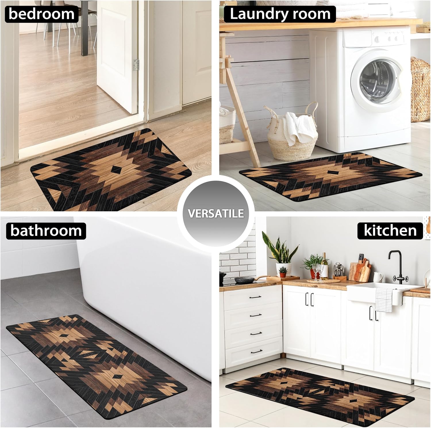 Boho Aztec Kitchen Rugs Sets of 2 Western Kitchen Decor Anti Fatigue Cushioned Kitchen Mats for Floor Non Slip Waterproof Comfort Standing Mat for Sink Laundry Office (Black, 17.5"x29.5"+17.5"x47")