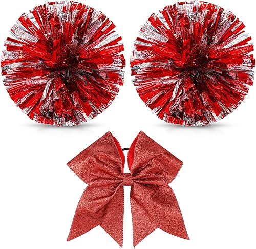 Miniatura 220 de Hanaive 3 pompones de animadora y lazo grande para animadora para el pelo, suministros metálicos para animadora de espíritu de equipo, deportes