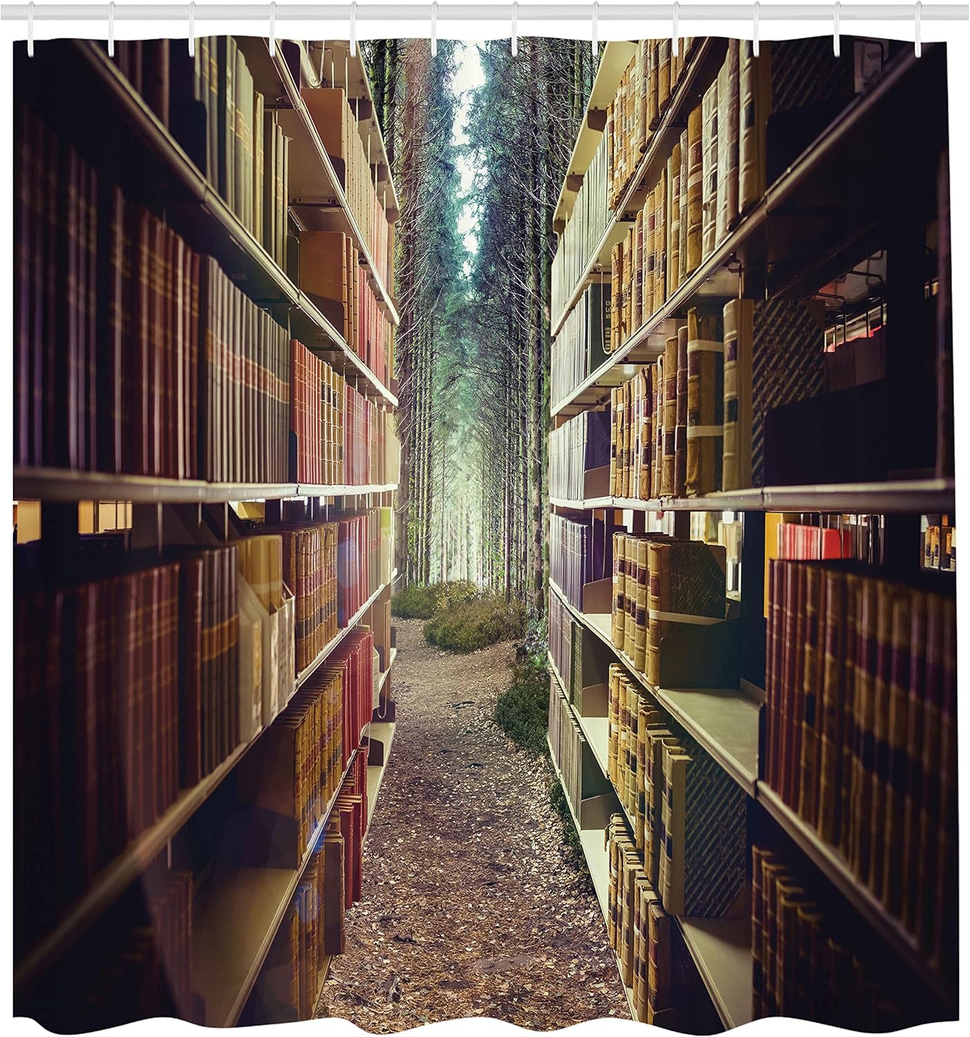 Ambesonne Bookshelf Shower Curtain, Digital Illustration of Abstract Design Library in Forest Academic Themed Picture, Cloth Fabric Bathroom Decor Set with Hooks, 69" W x 75" L, Green Multicolor