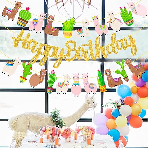 Miniatura 7 de Cartel de fiesta de cactus de llama, pancarta dorada para fiesta de cumpleaños, 3 unidades, decoraciones de cartón de alpaca para fiesta de