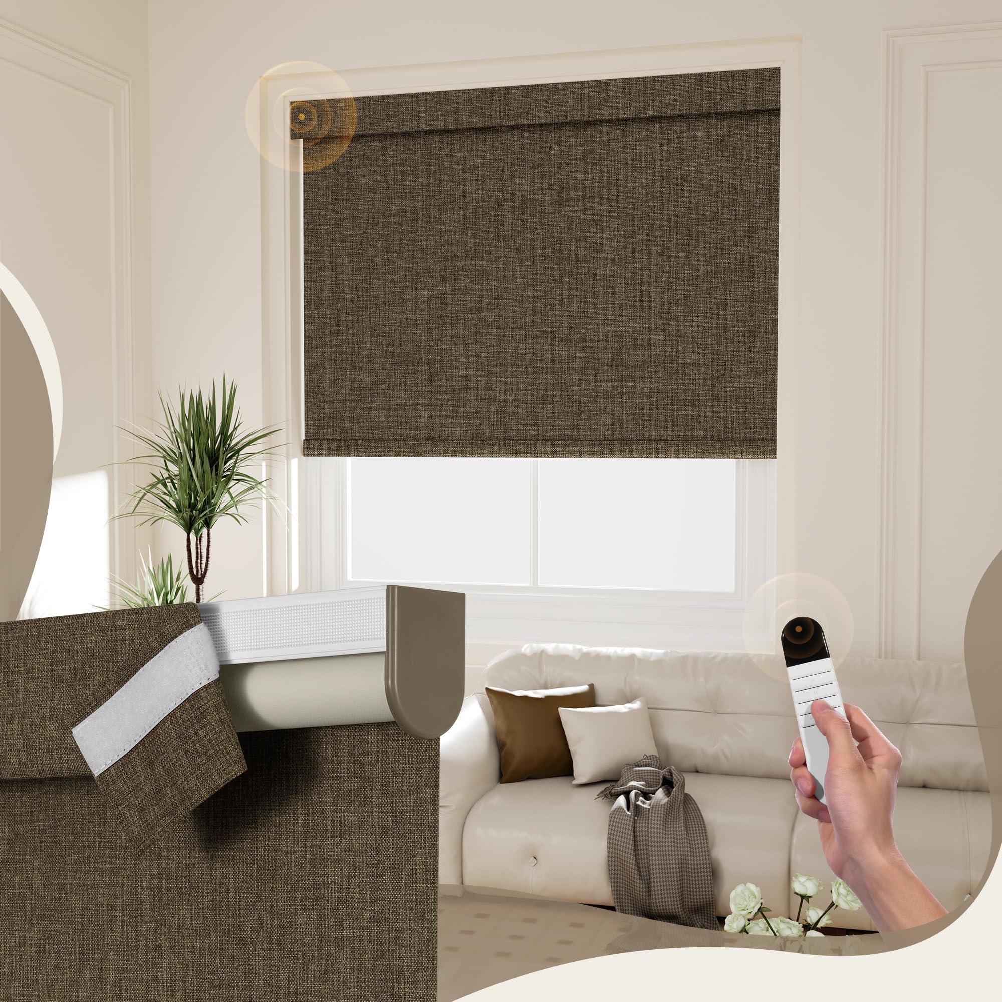 Boolegon Motorized 100% Blackout Roller Blinds with Remote, Smart Electric Window Shade, Compatible with Alexa, Google Home & Apple HomeKit via Hub, Easy Install for Home/Office, Brown, Custom Size