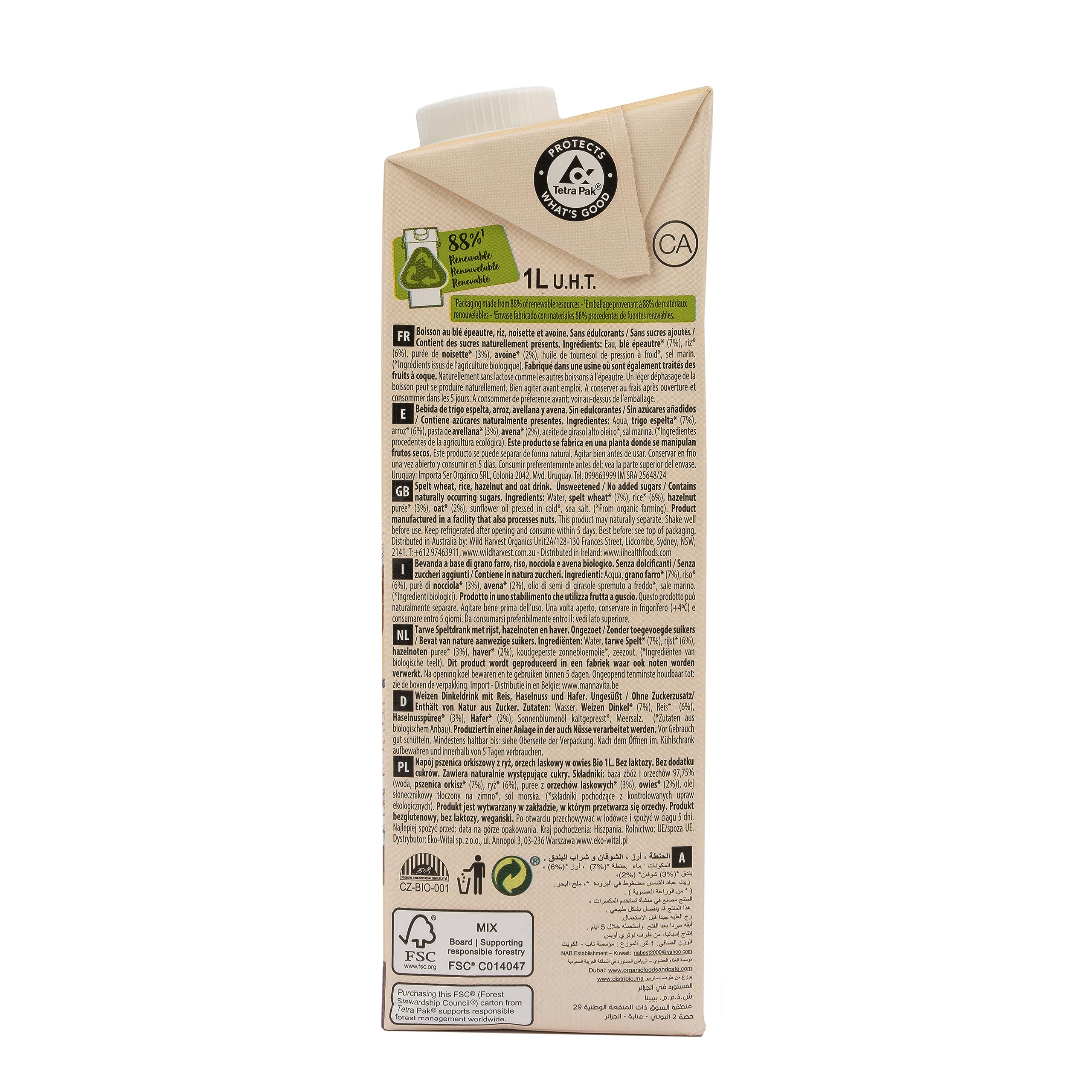 EcoMil Bebida Bio Espelta Avellana Avena Leche Vegetal 1L Pack 6