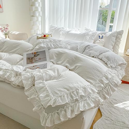 Miniatura 7 de Juego de funda de edredón de 3 piezas de encaje con volantes, juego de funda de edredón blanca Queen con 2 capas de volantes, juego de microfibra