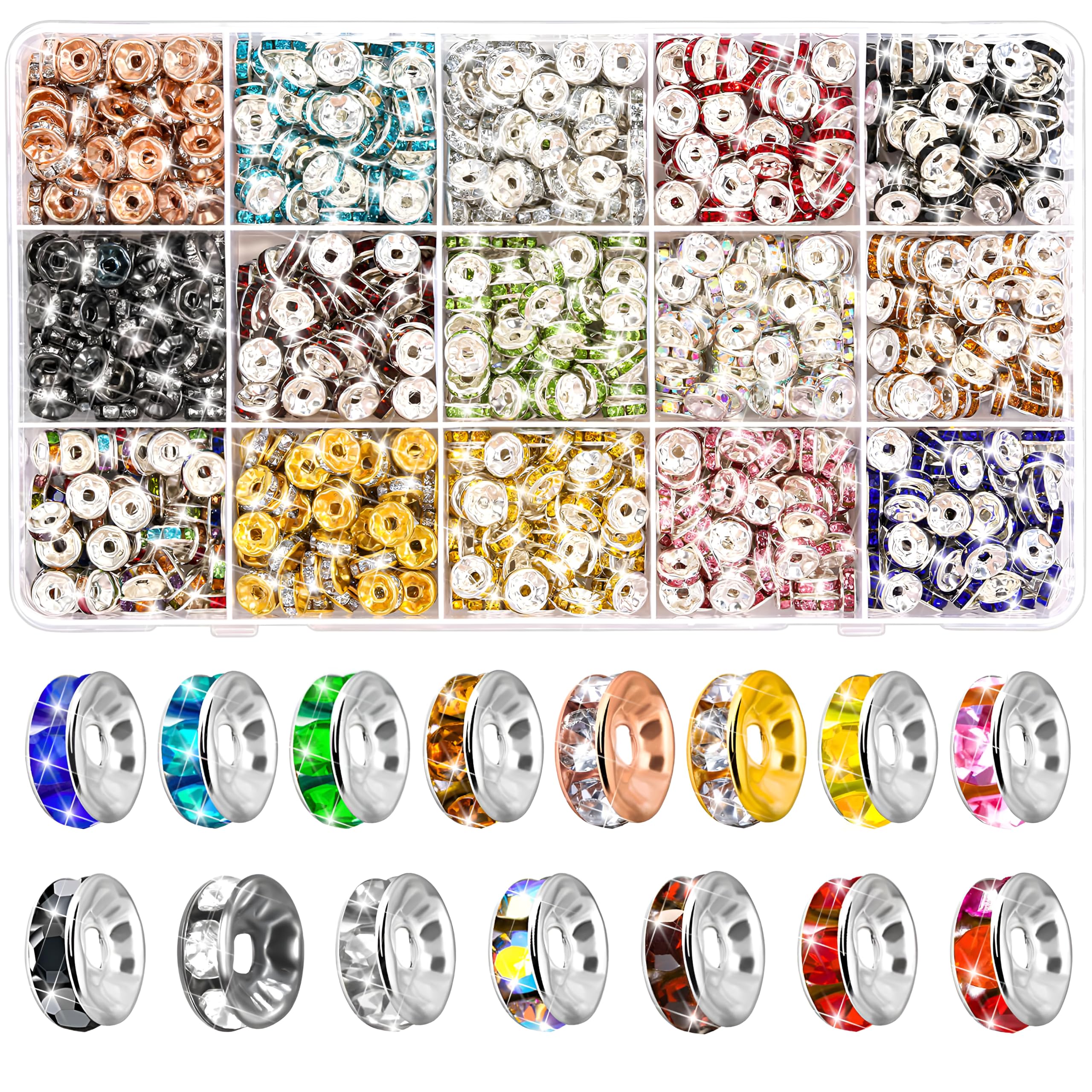 ASTER 200 stuks fonkelende glazen kralen om te rijgen, 8 mm tussenkralen, metalen spacer-kralen, kleurrijke kristallen, rondelle, strass, glitterkralen voor stijlvolle sieraden, armbanden, oorbellen