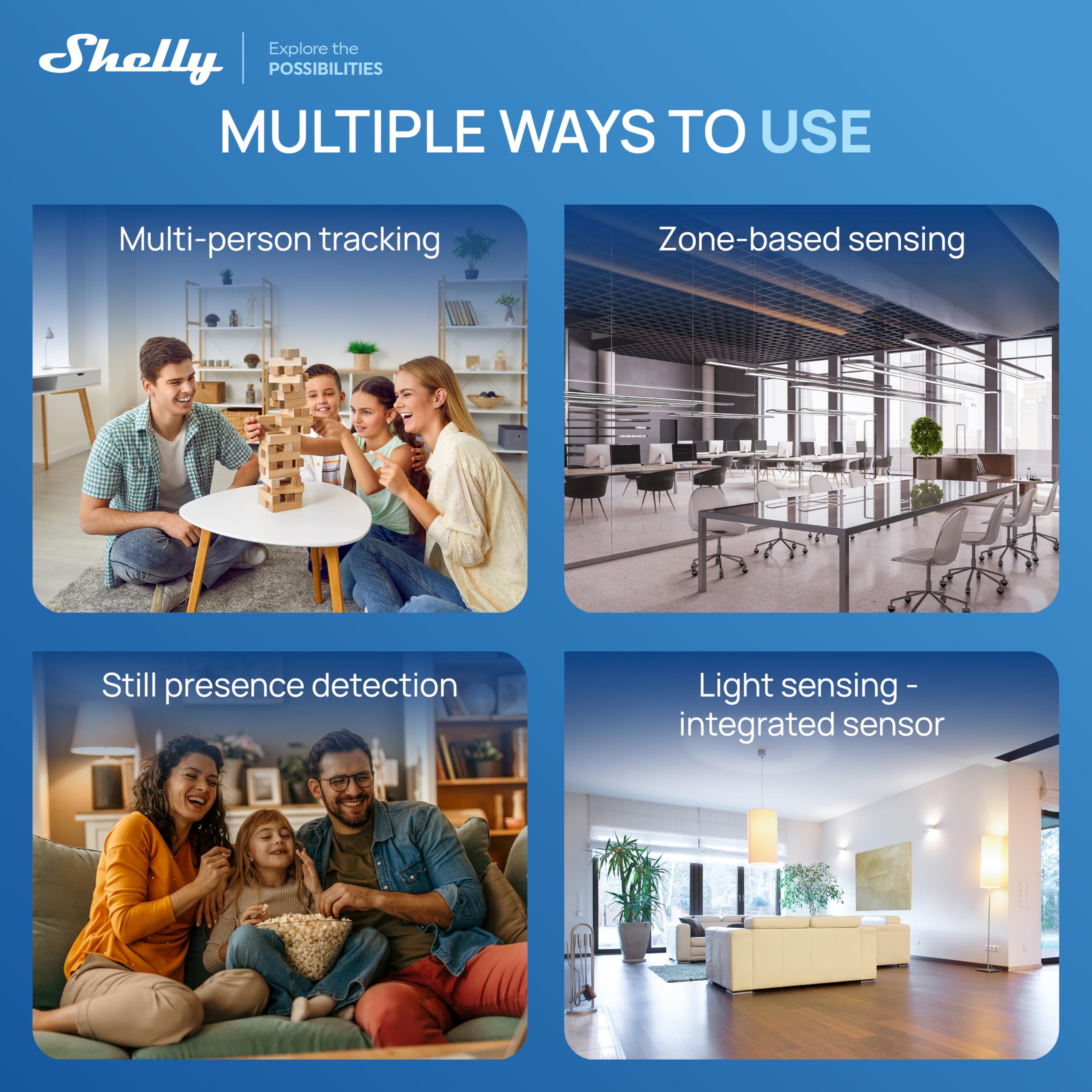 Shelly Presence Gen4 Weiß - WLAN mmWave Radar Präsenzsensor & Anwesenheitssensor, 6 Personen & 10 Erkennungszonen, 42 m² Reichweite, Lichtsensor, Zigbee, Matter, Home Assistant, Alexa & Google