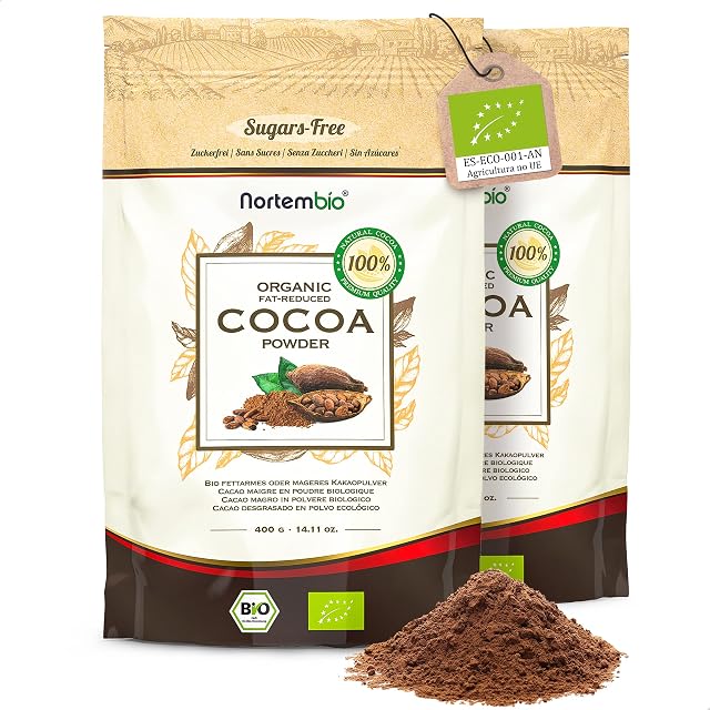 Nortembio Organic Cocoa Powder 2x400 g. 100% Natural Fat-Reduced Cocoa. Premium Quality. Gluten, Sugar and Lactose Free. High Fibre Content. Zip Closure Packaging. Ideal for Hot Chocolate and Baking.