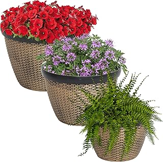 Sunnydaze Resin Faux Basketweave Outdoor Planter - Set of 3 - Modern Decorative Indoor/Outdoor 3-Piece 12-Inch, 13-Inch an...