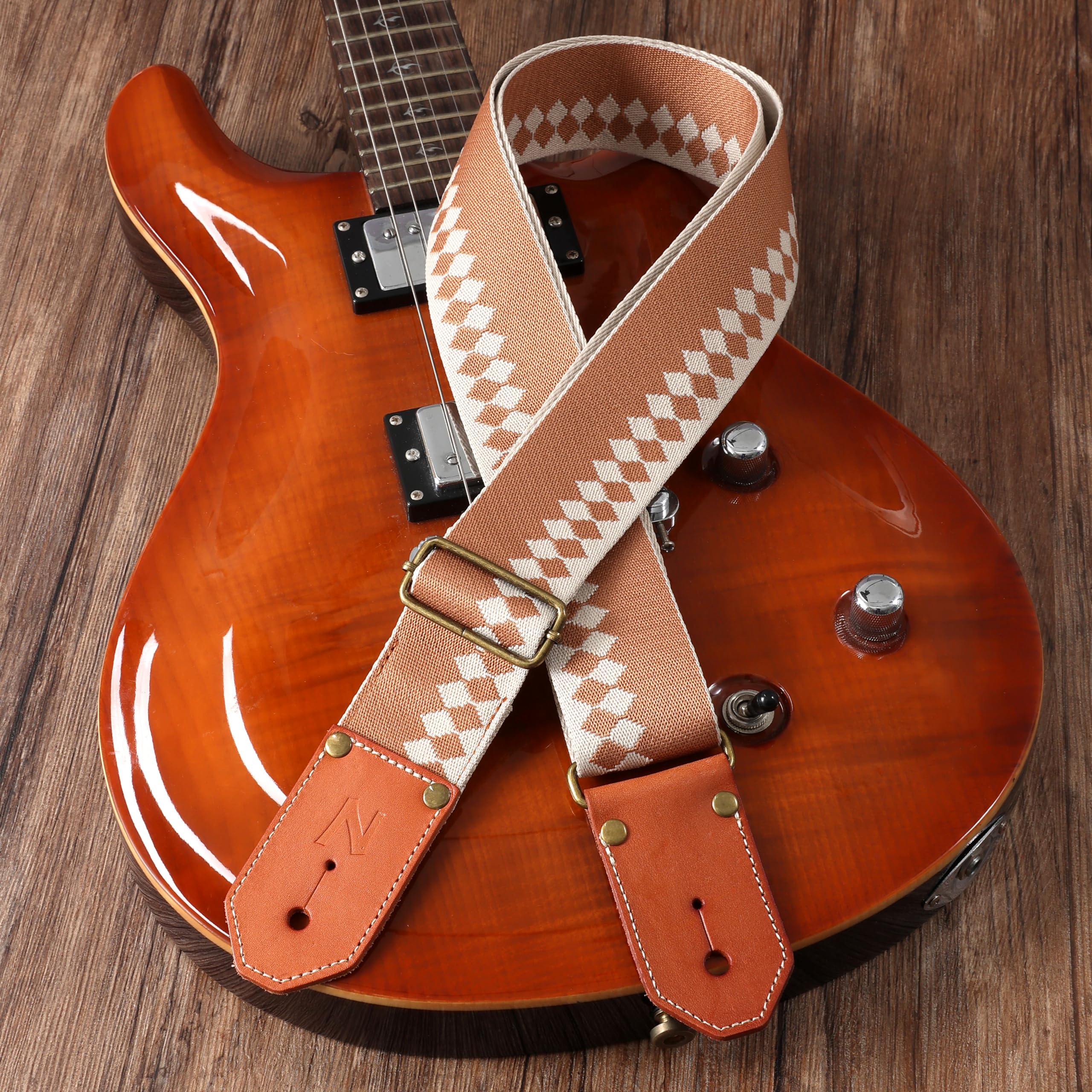 Nefelibata Correas de guitarra de algodón con primera capa gruesa de cuero vacuno curtido vegetal para acústica, bajo, eléctrico, el mejor regalo para tus guitarristas queridos