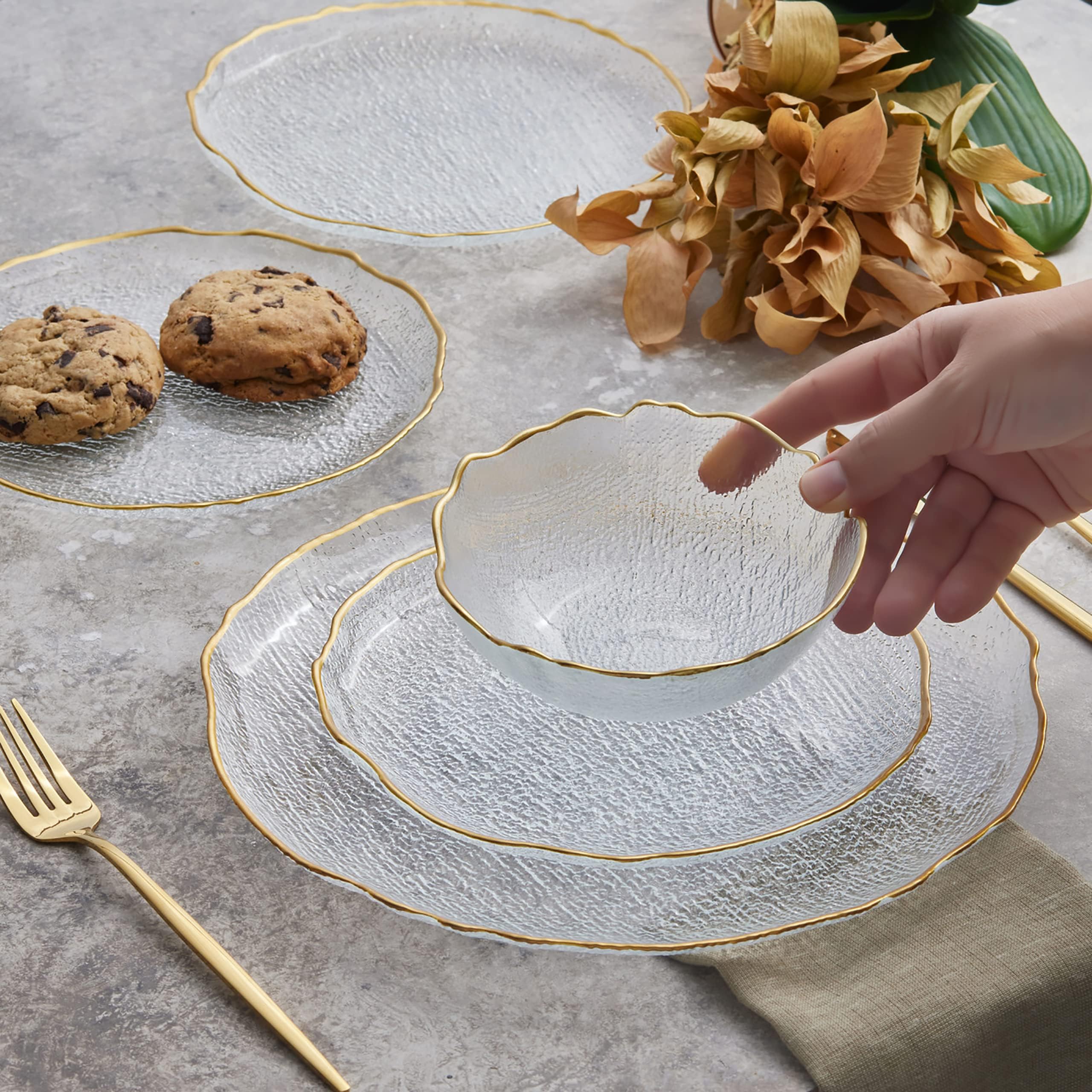 Karaca Milanda Glass Dinnerware Set for 4, 12 Piece, Transparent Gold